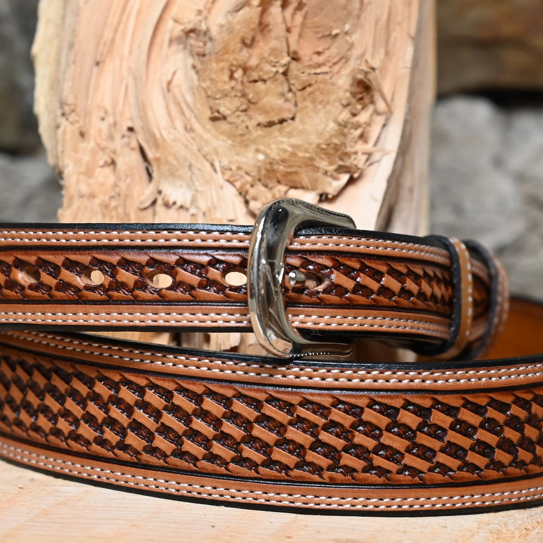 Leather Russet Basket Weave Belt with a Medium Taper view of close up