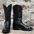 View of Hyer HAVEN 13" boots showcasing black full-quill ostrich leather vamp and black Ranch Hand cowhide top with round toe and underslung heel