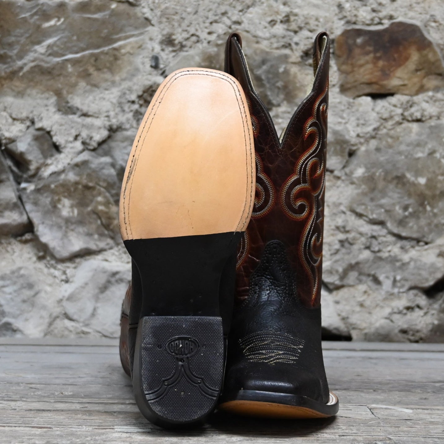 View of Hondo 13" cowboy boot with rust volcano top, brown volcano vamp, and medium round toe
