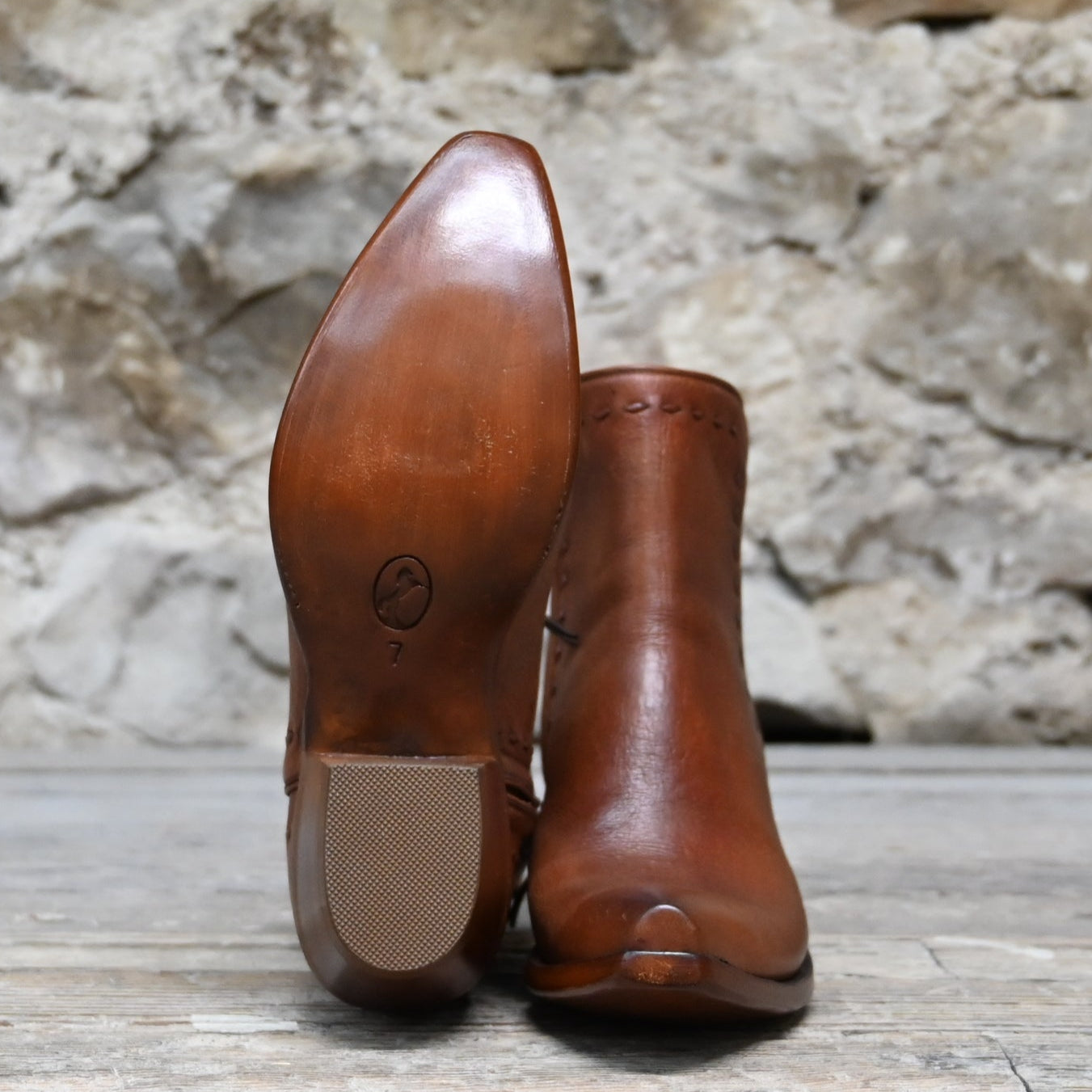 View of Stallion Ladies Zorro zip boot in cognac calf with buckstitching and X 5/8" toe