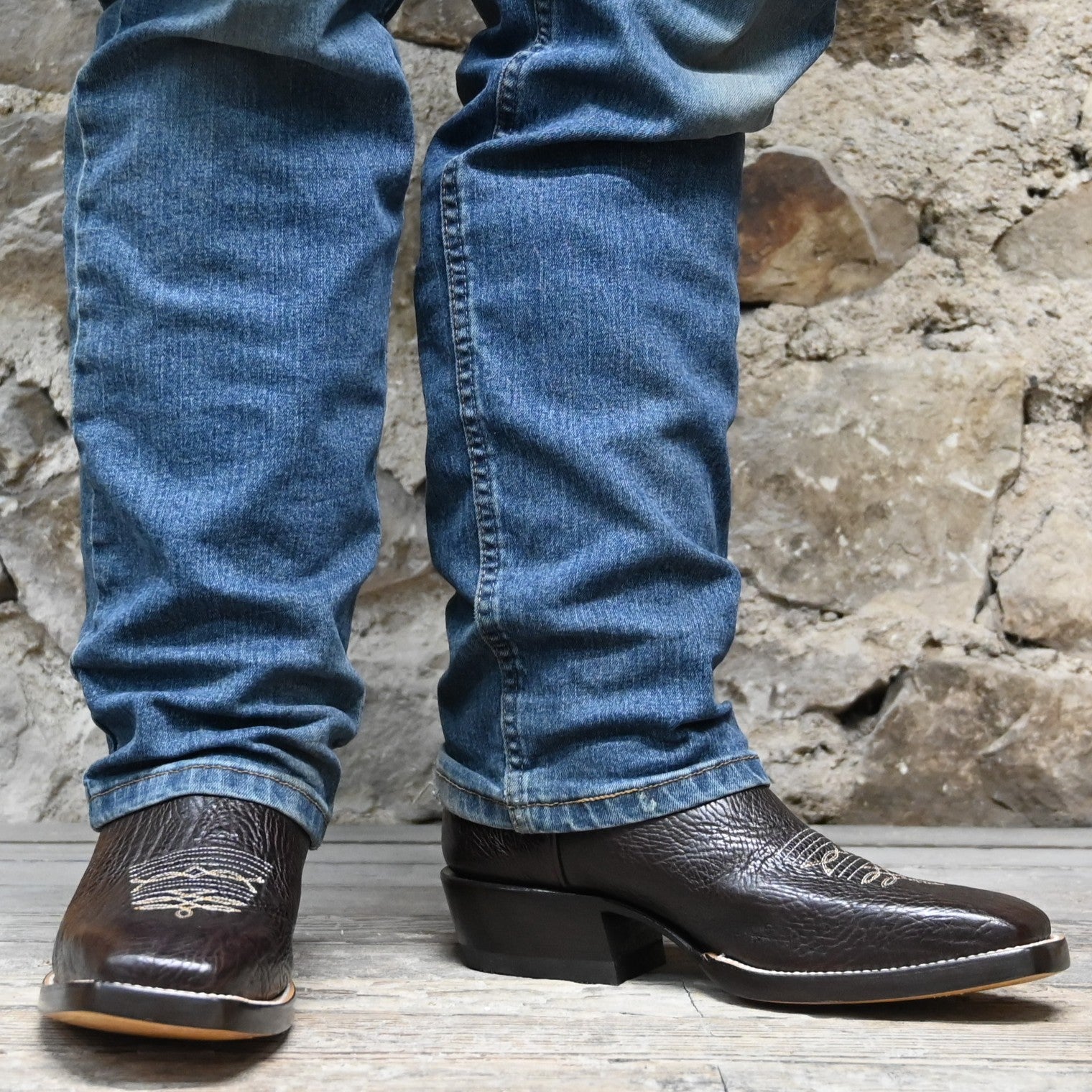 View of Hondo 13" cowboy boot with brown volcano top, chocolate Spanish shoulder vamp, and medium square toe