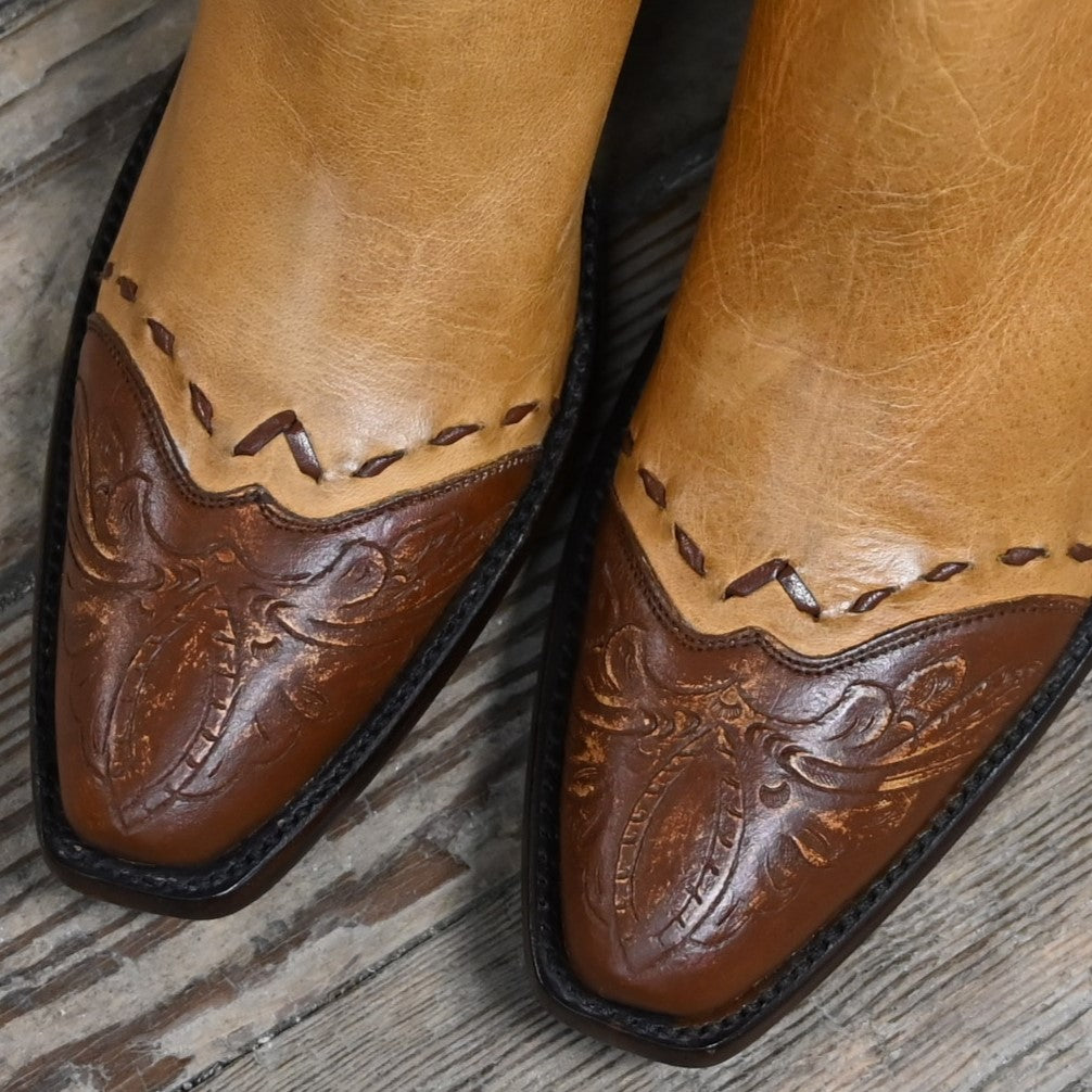 View of Stallion Ladies Zorro zip boot in camel ranch hand with golden buckstitching and tooled accents