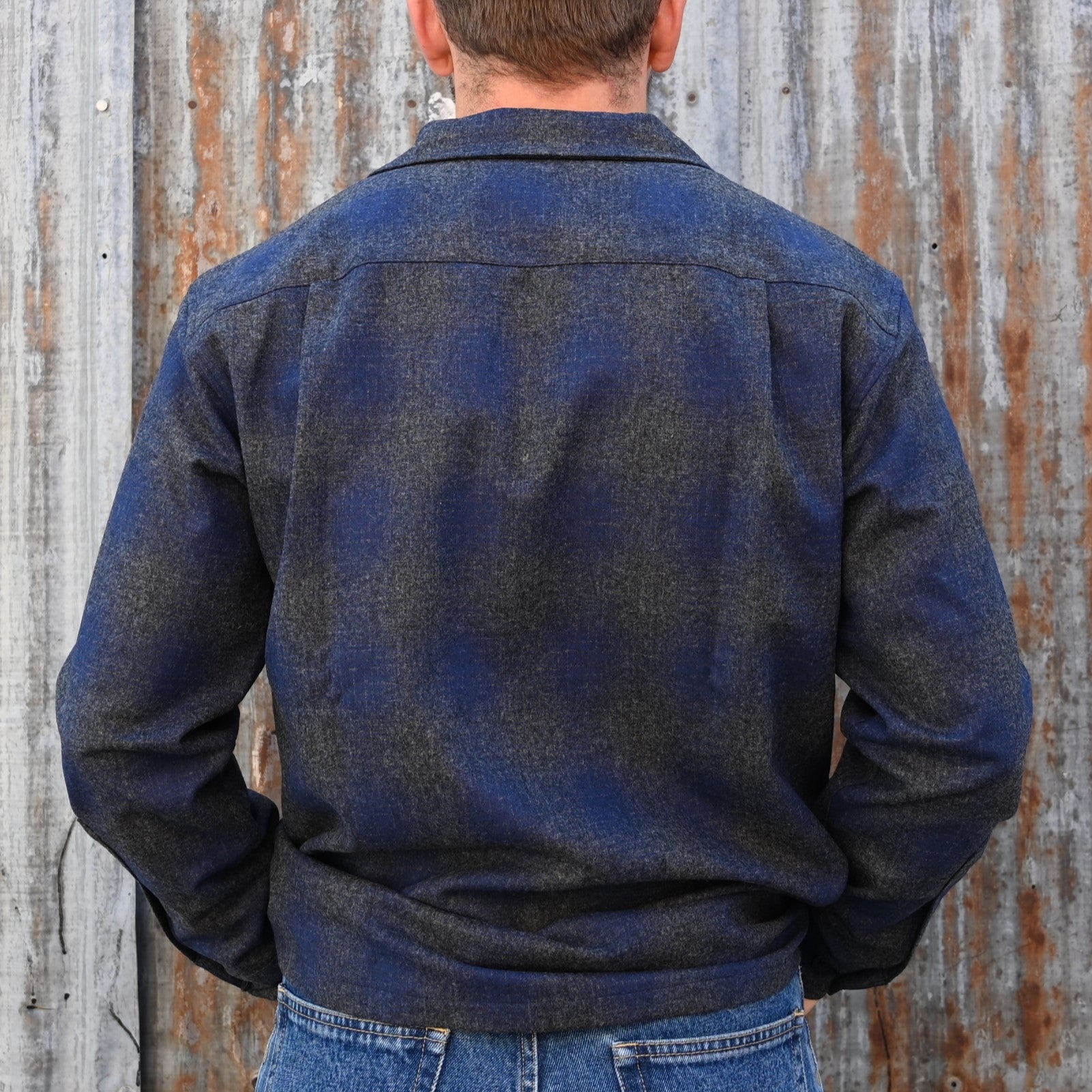 View of Pendleton men’s wool board shirt in Navy Oxford Mix Ombre with gradient stripe and square hem
