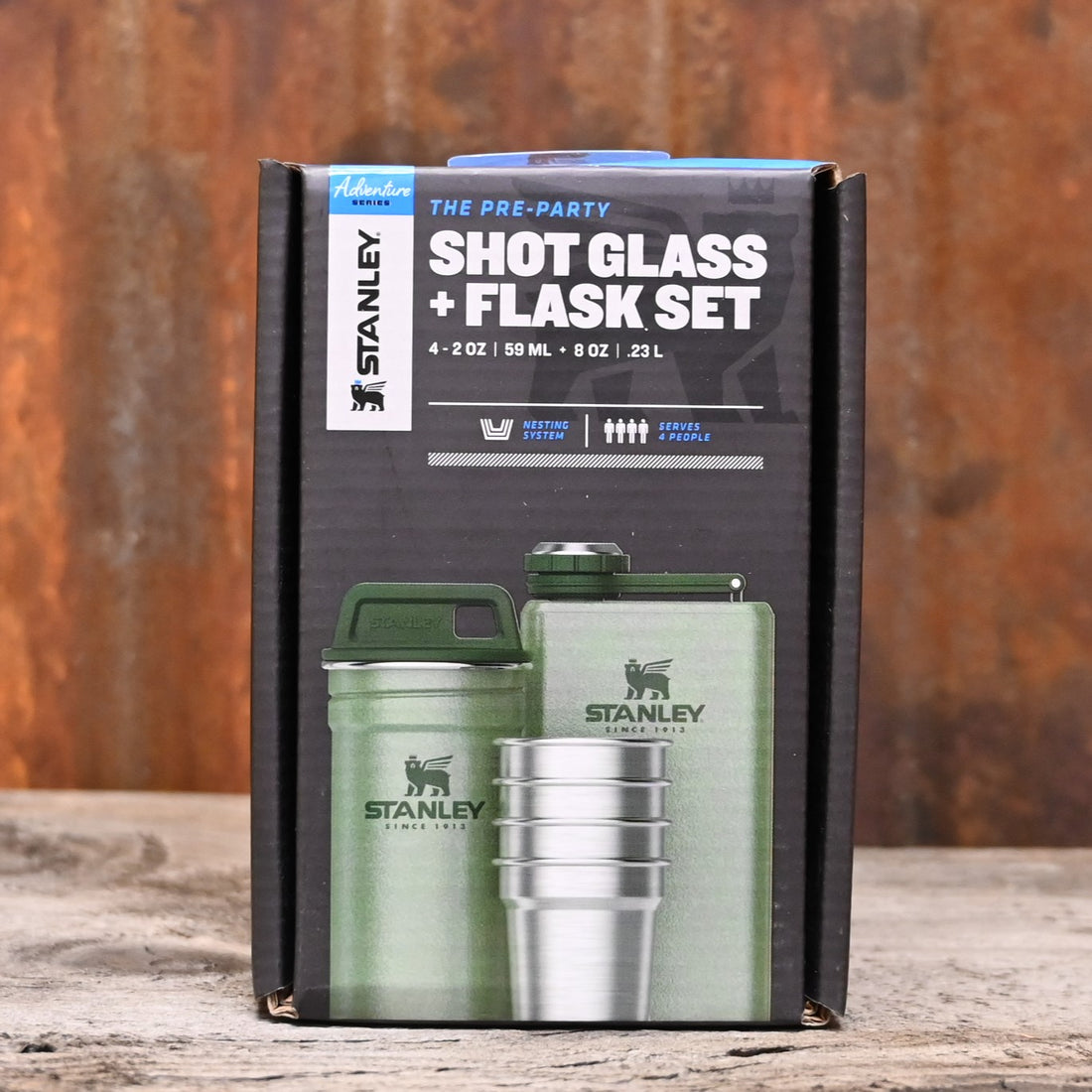 Stanley Adventure Pre-Party Shot Glass Set and Flask in Hammertone Green view of set