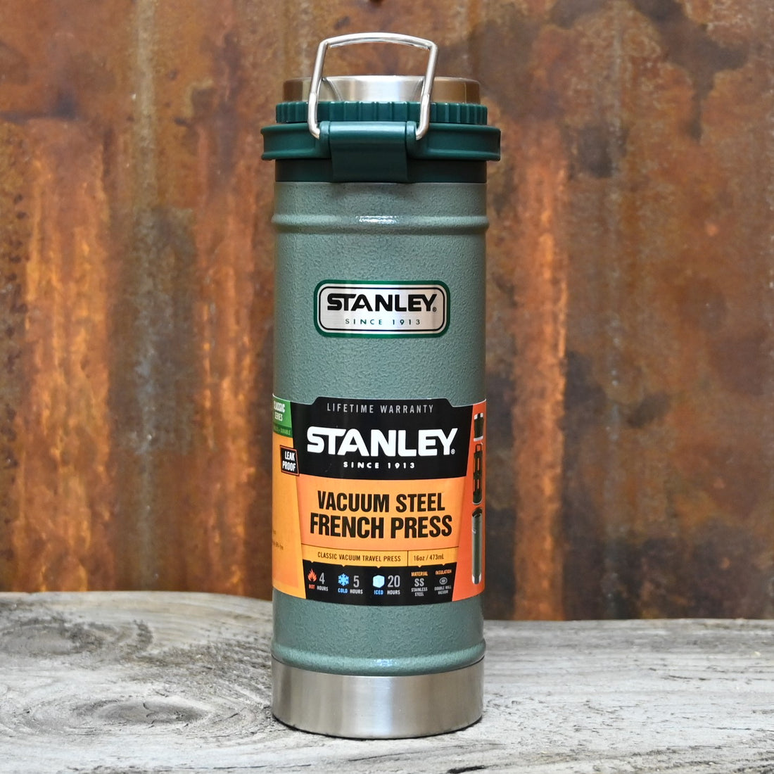 Stanley Classic Travel Press In Hammertone Green view of french press