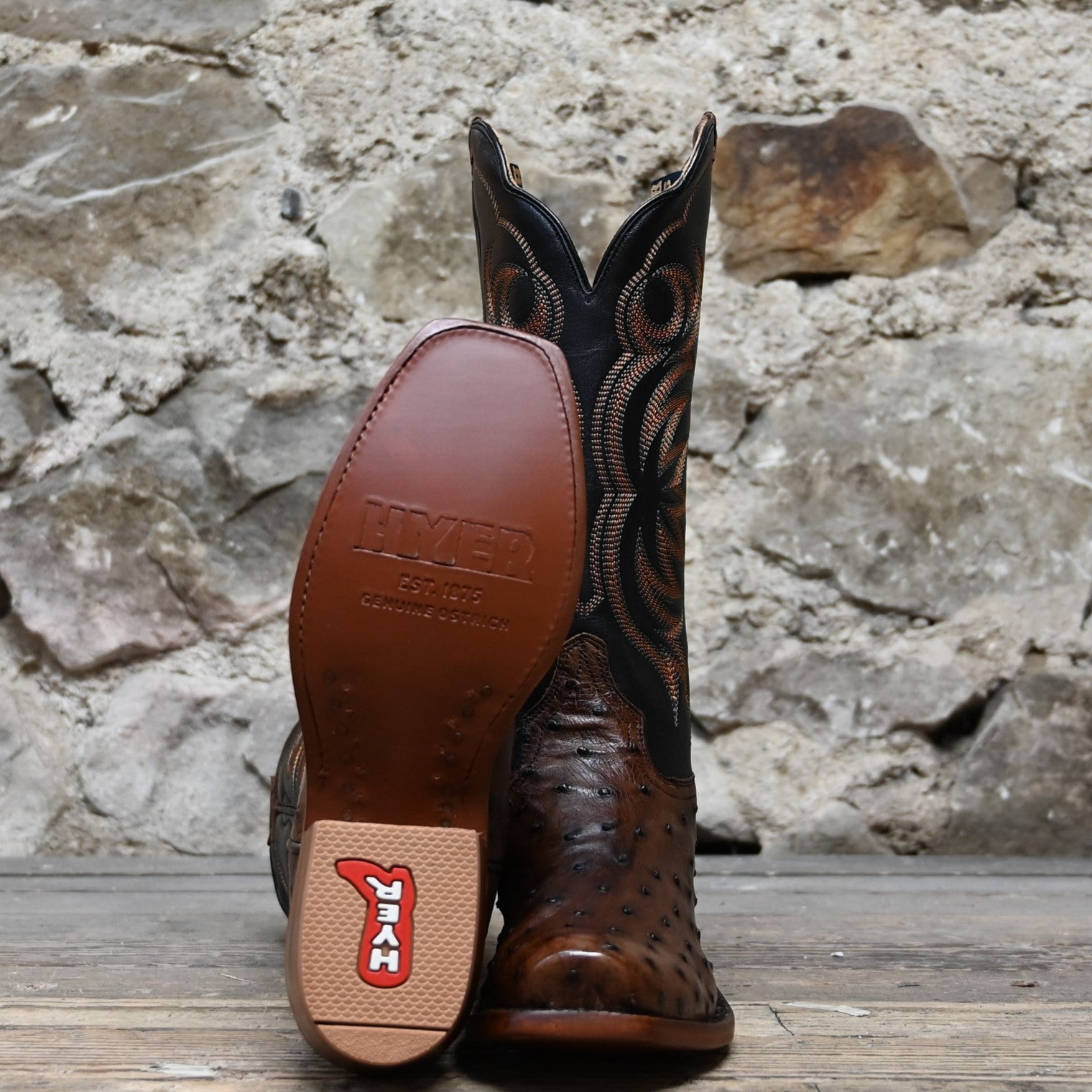 View of Hyer COLBY 13" boots showcasing Tabac Full-Quill Ostrich leather vamp and Black Top-Shelf Cowhide top with Cutter toe and Underslung heel