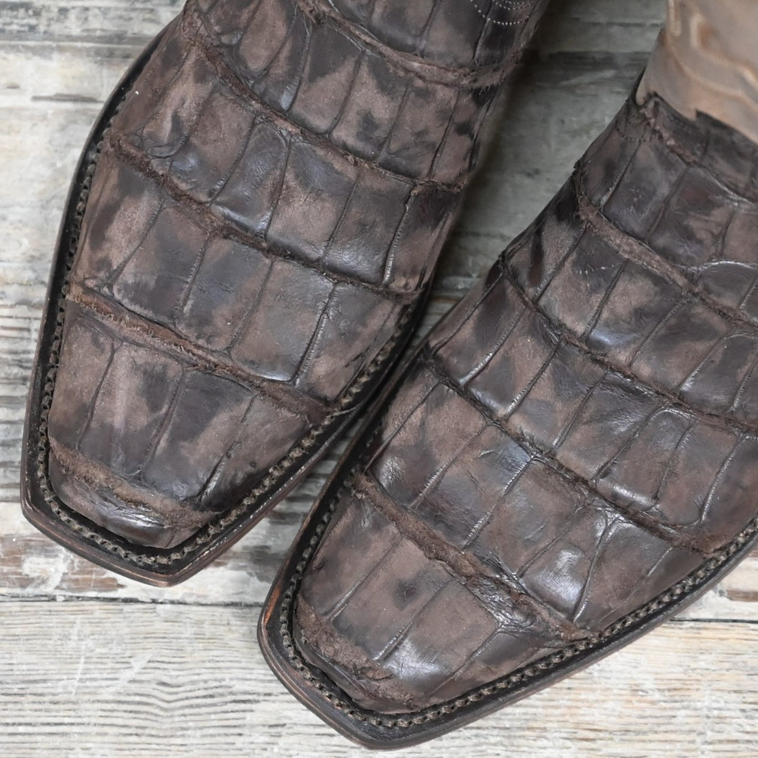 Lucchese Men’s 13-inch giant alligator leather boot in distressed chocolate with square toe and Western heel