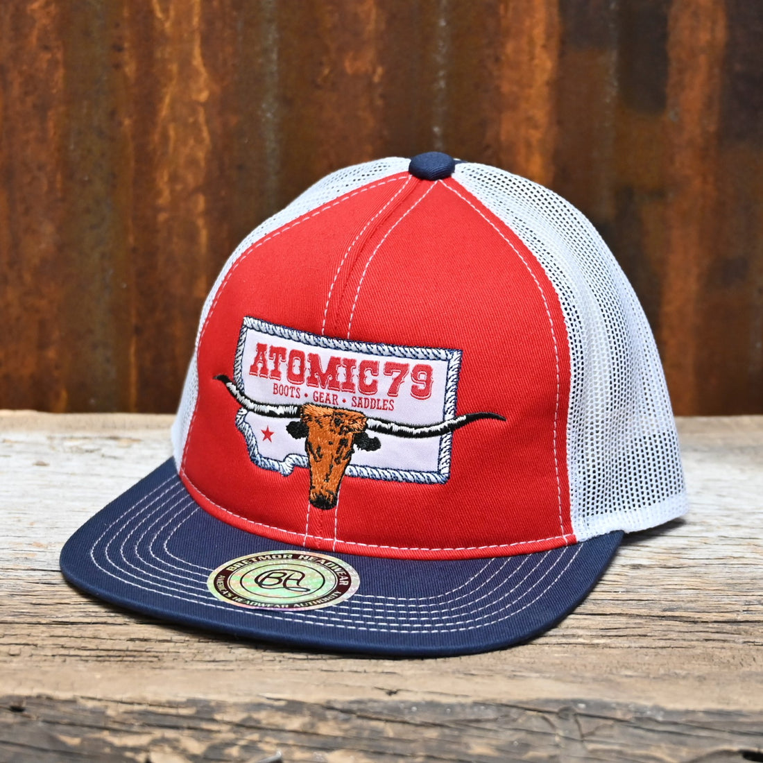 Atomic 79 Mesh Cap in Red White and Blue with Logo view of hat