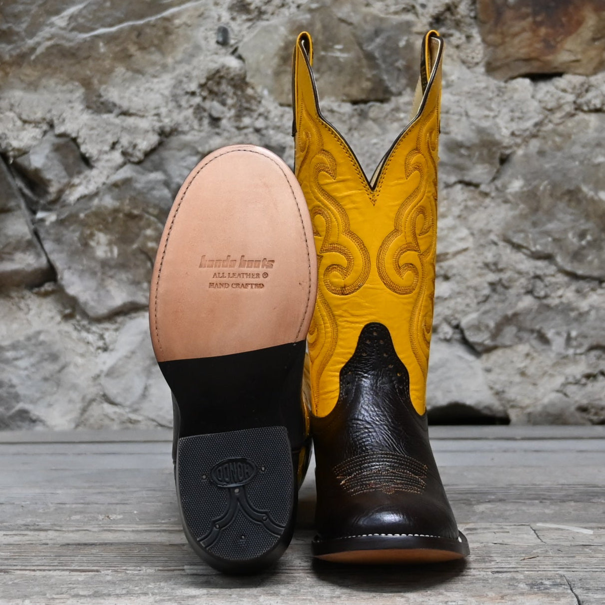 View of Hondo 13" cowboy boot with yellow top, chocolate shoulder vamp, and wide round toe