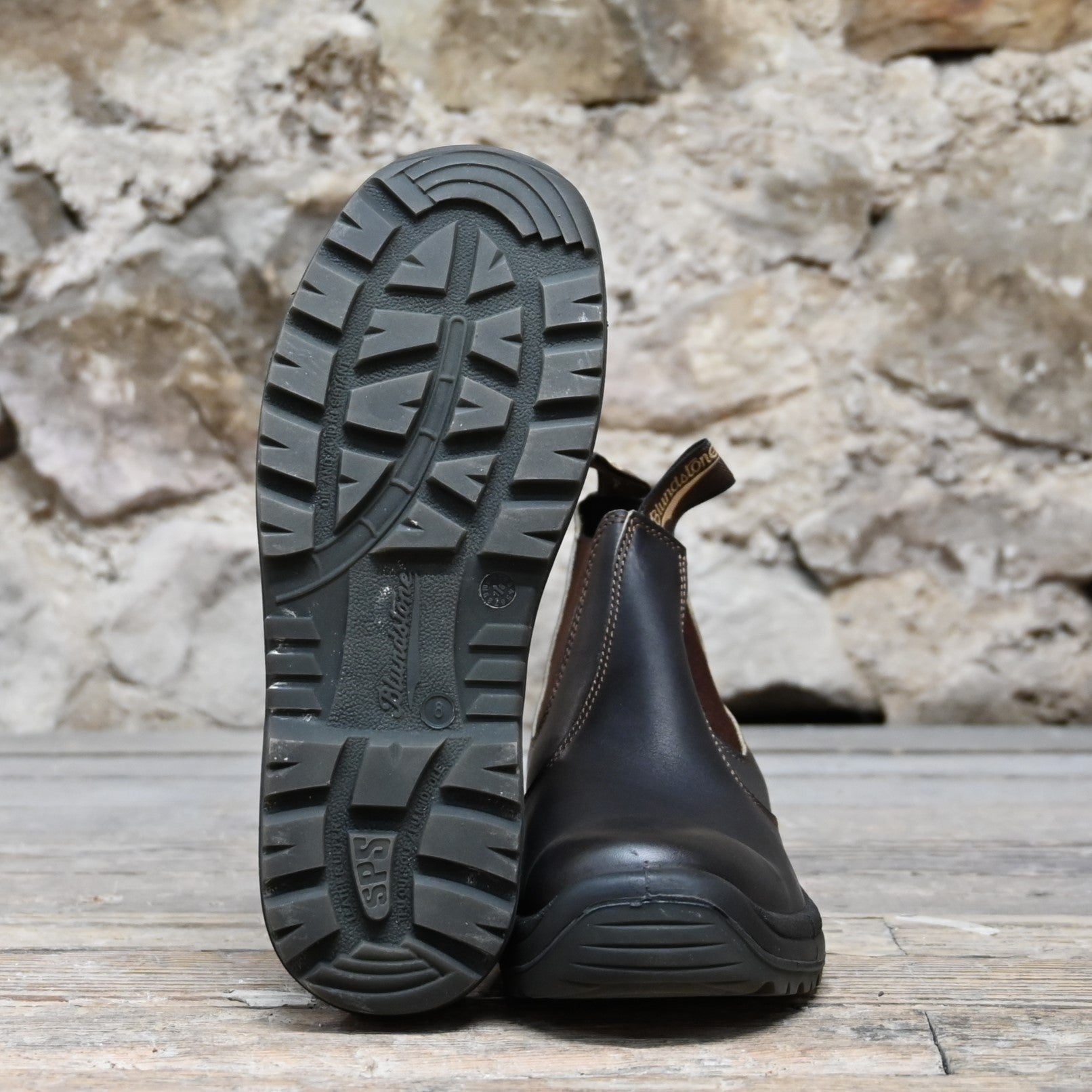 Blundstone slip-on work boot in brown oiled leather with steel toe and safety-rated outsole