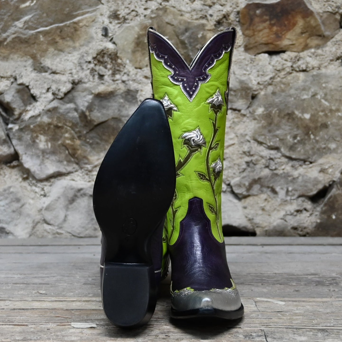 View of Stallion Ladies 14" Rosebud boot with kelly green uppers, purple vamp, and silver wingtip