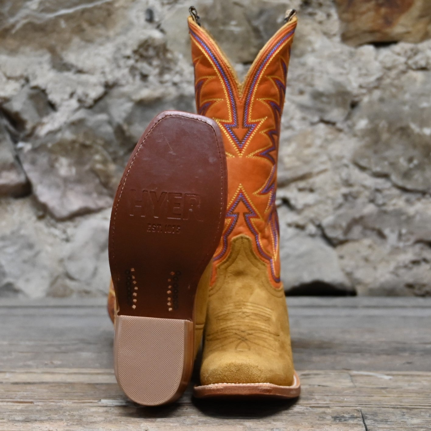 View of Hyer ROSE HILL 13" boots showcasing tangerine vintage goat top and bronze napped roughout cowhide vamp with Cutter toe and leather stacked heel