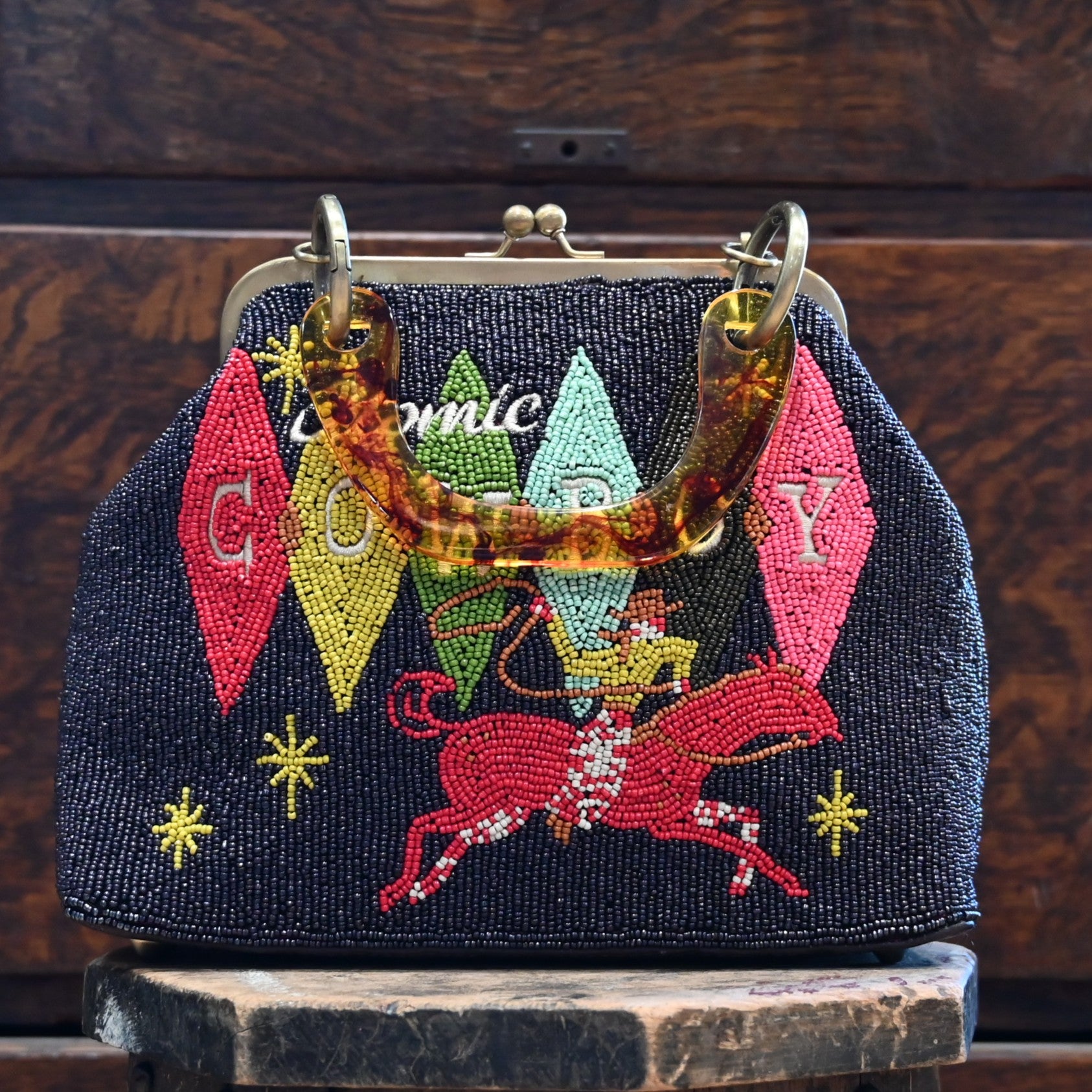 View of Beaded handbag in Atomic Ranch colors with tortoise shell lucite handle