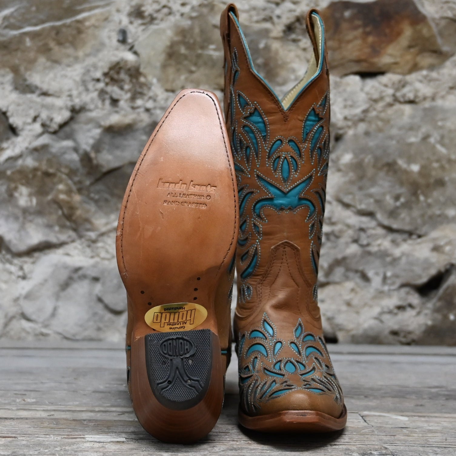 View of Hondo 13" cowboy boot in brown goat with turquoise inlays and tight snip toe