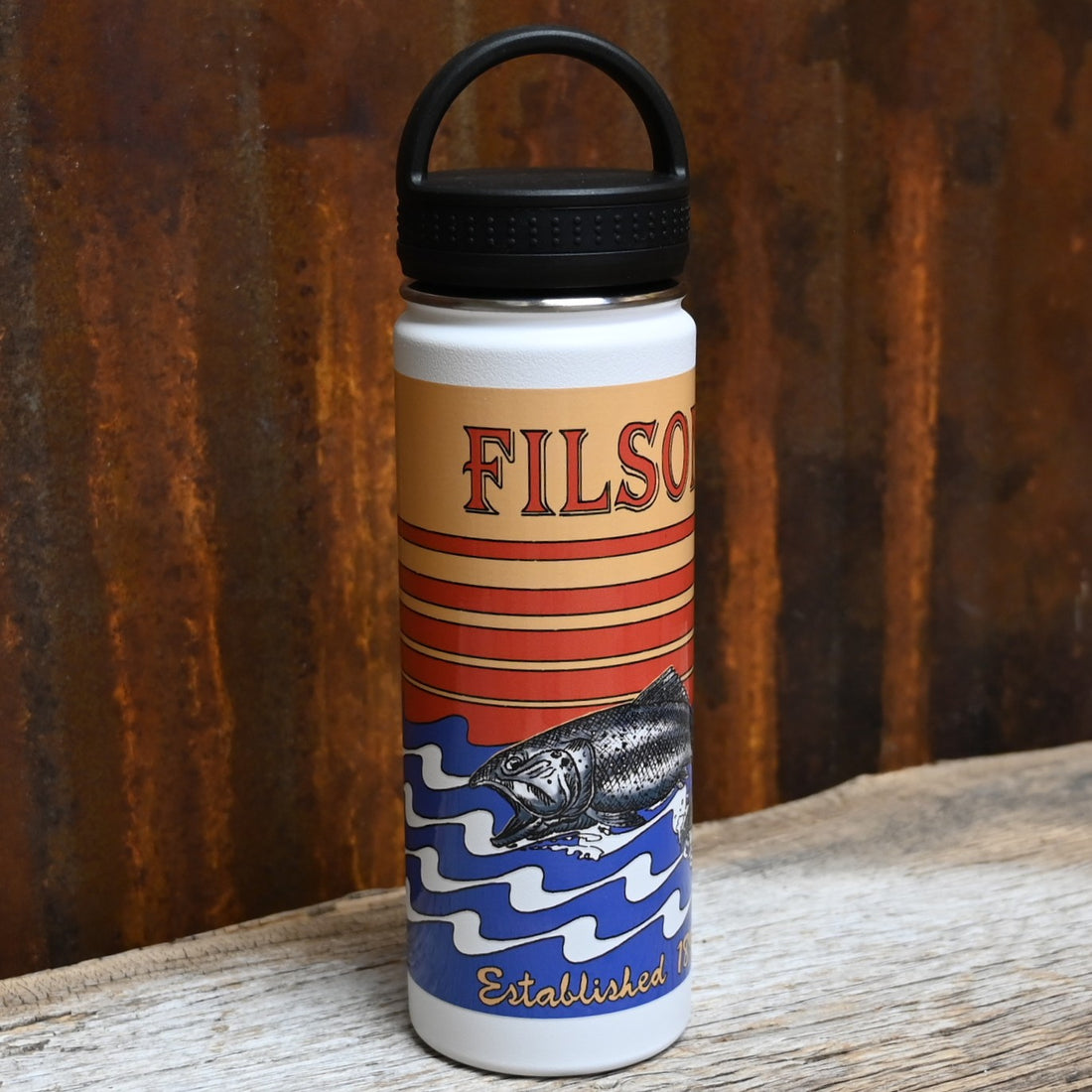 View of Filson White Dusk Fish Metal Water Bottle featuring a stainless steel body and custom fish graphic