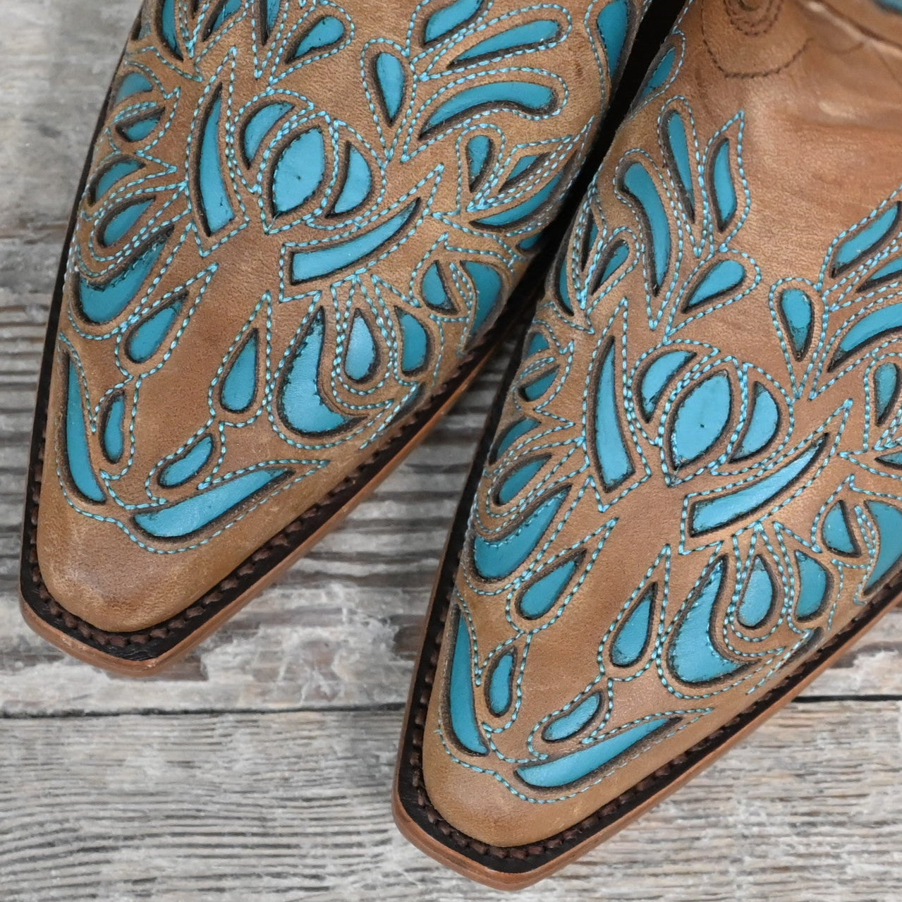 View of Hondo 13" cowboy boot in brown goat with turquoise inlays and tight snip toe