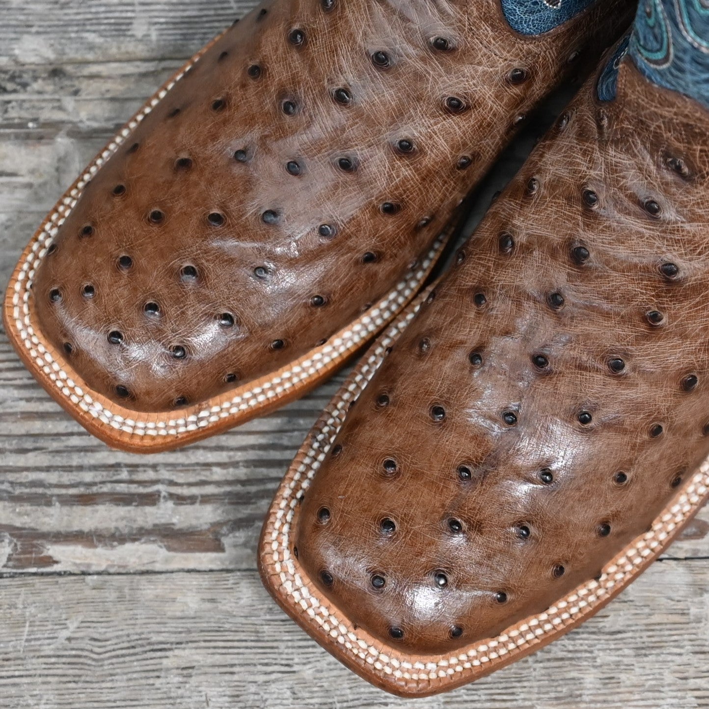 View of Hyer JETMORE 13" boots showcasing tabac full-quill waxy ostrich vamp and blue vintage goat upper with broad square toe and Stockman block heel