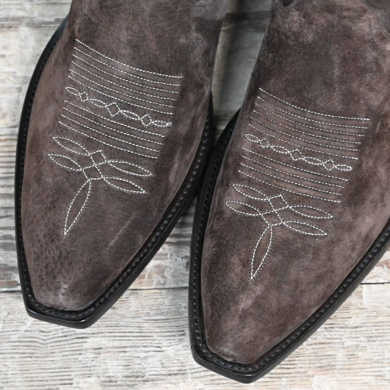 View of Stallion Men’s 13" chocolate boot with nubuck suede vamp, calf shaft, and light Western stitching