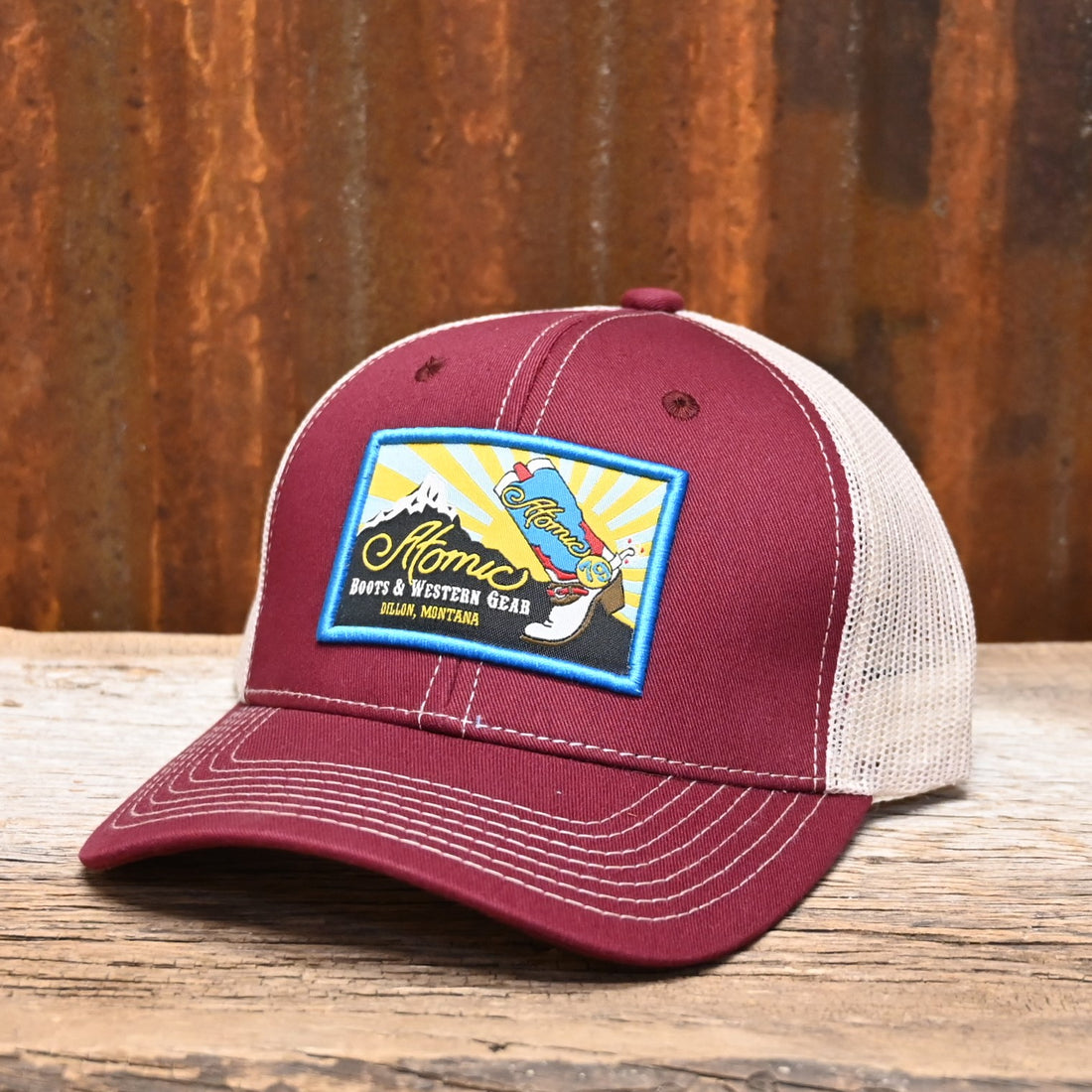 Atomic 79Trucker Cap with Sunrise Patch on Maroon view of hat