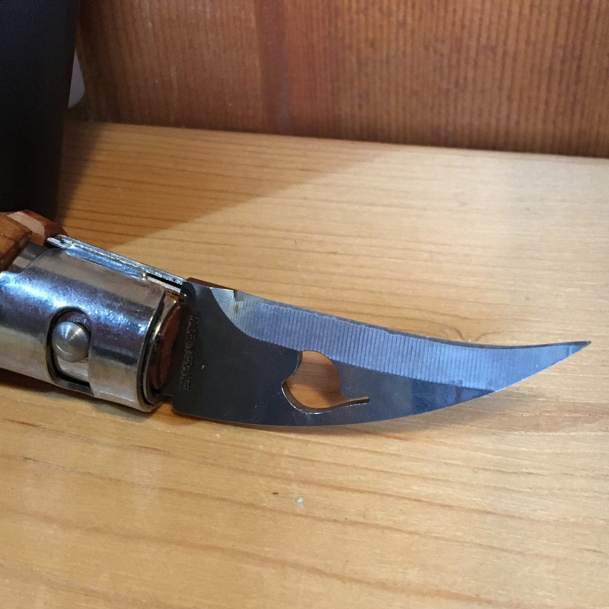 Escoutoux Pocket Knife GARLIC/ CHESTNUT--Stainless Blade, Olivewood Handle (8211.93.1000) view of blade