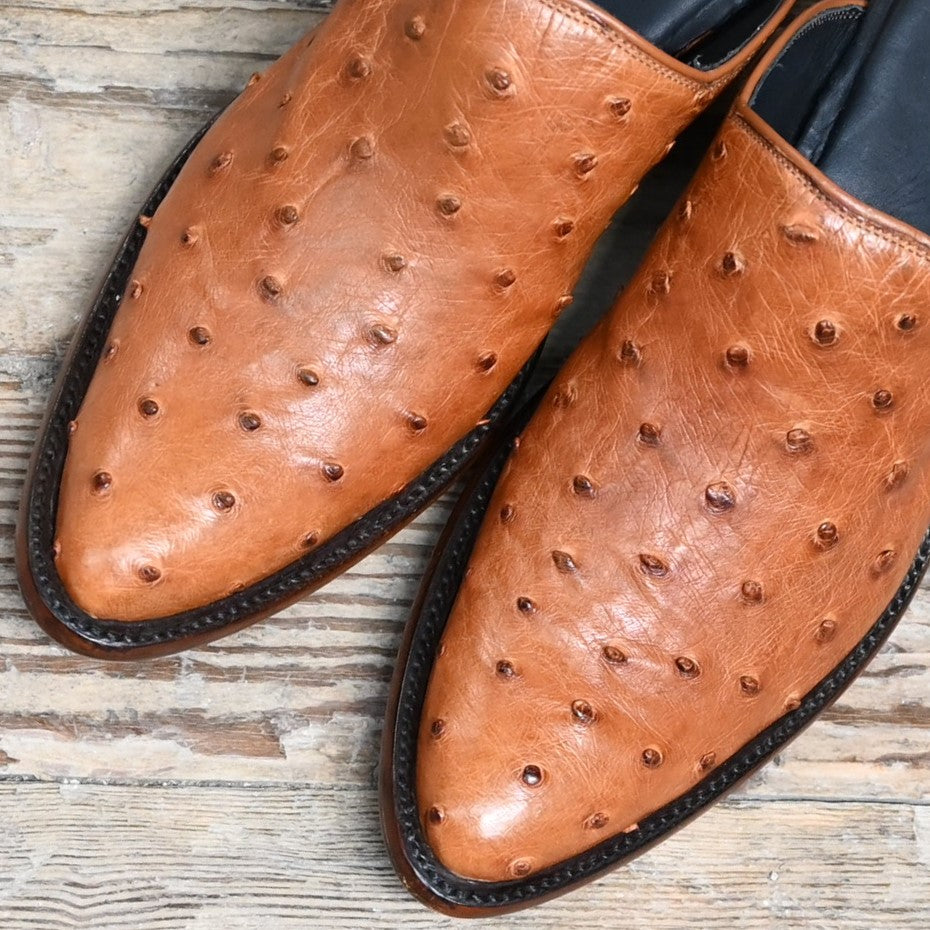Stallion Ladies Mule Slider – Cognac Full Quill Ostrich with Round Toe & 2" Heel