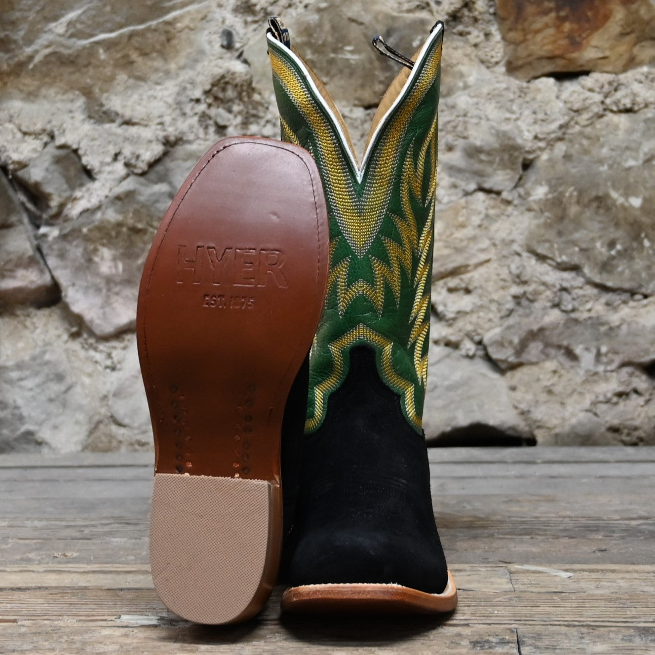 View of Hyer CULVER 13" boots showcasing black napped roughout leather vamp and grass vintage goat upper with Cutter toe and underslung heel