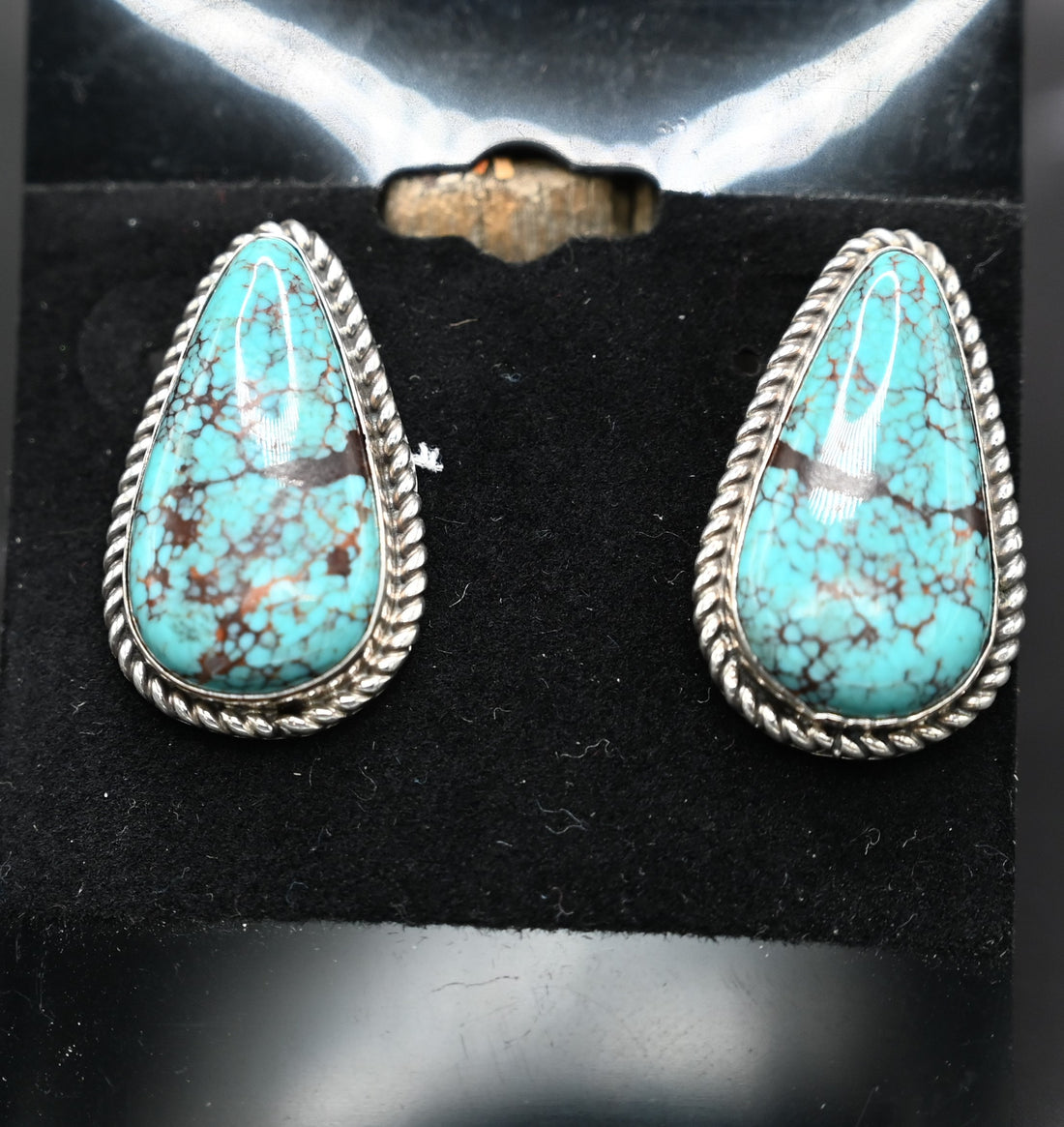 Medium Narrow Turquoise Tear Drop Stud Earring with Rope Boarder