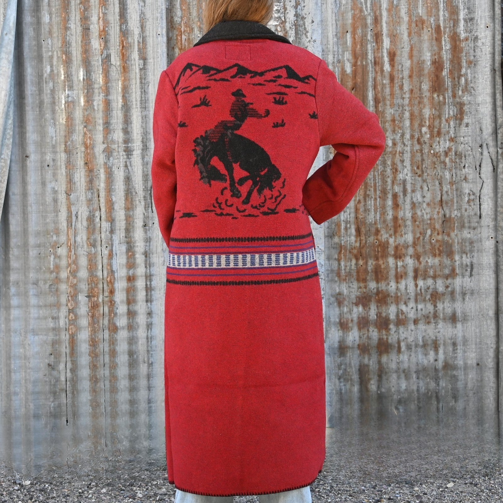 Schaefer Outfitter Ladies Blanket Coat in crimson wool-blend with horse-head button closure and large side pockets