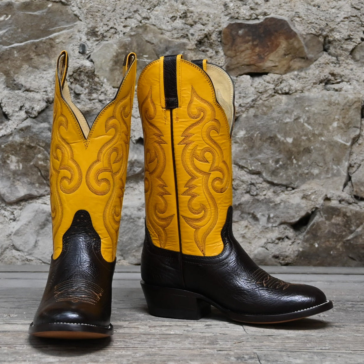 View of Hondo 13" cowboy boot with yellow top, chocolate shoulder vamp, and wide round toe