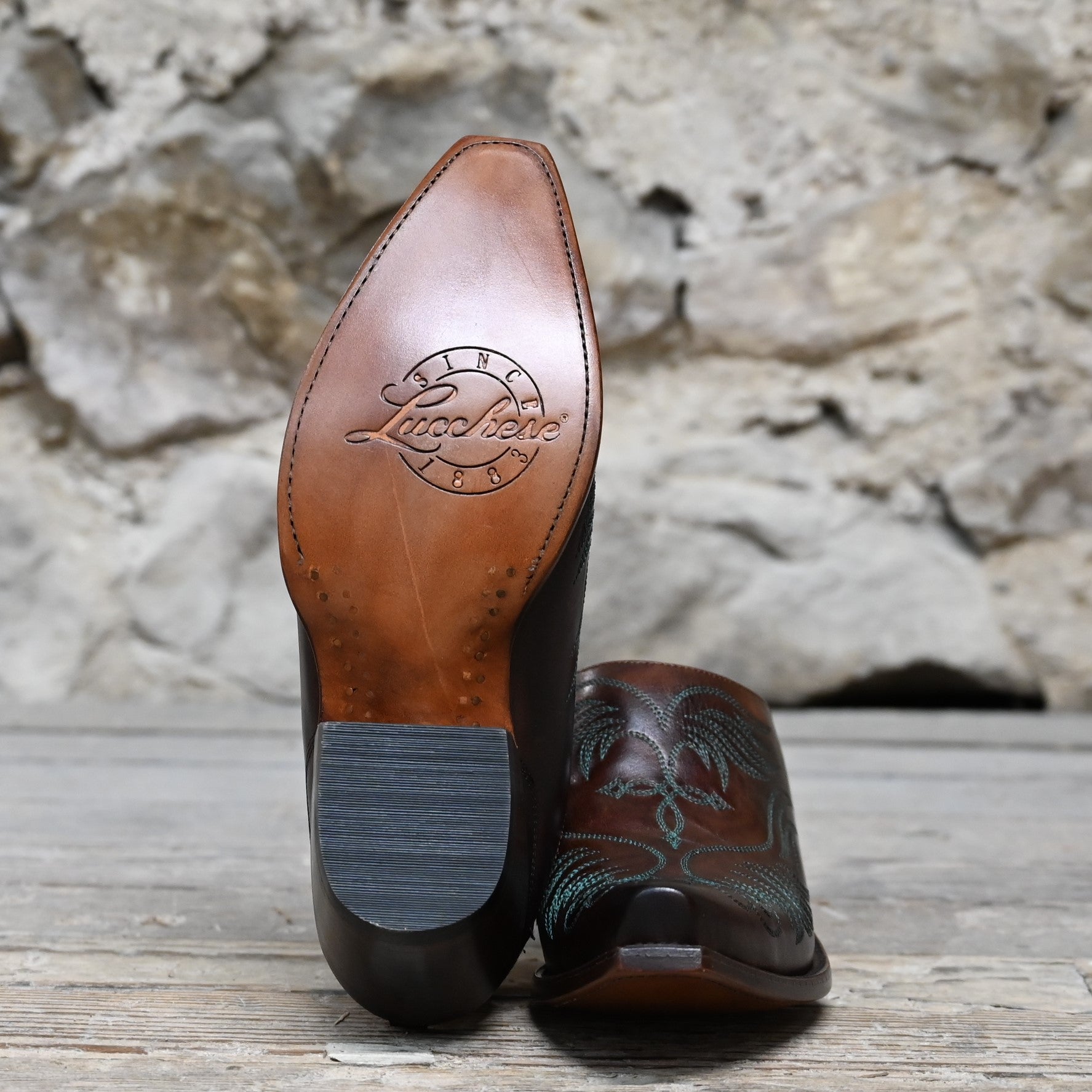 Lucchese ladies Western mule in burgundy leather with turquoise stitching and slide-on design