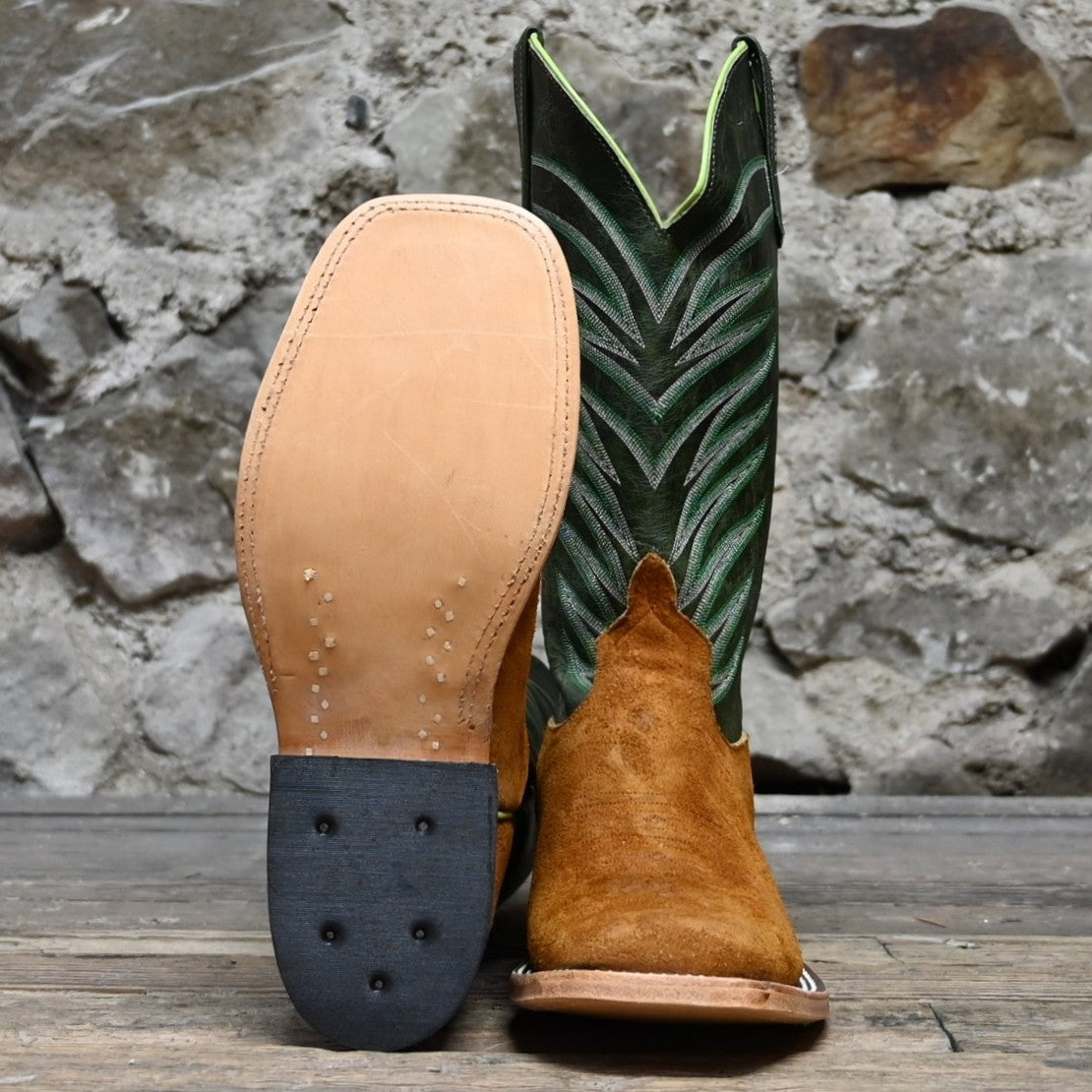View of Anderson Bean 13" boot with rust crazy horse vamp, emerald explosion top, and square toe