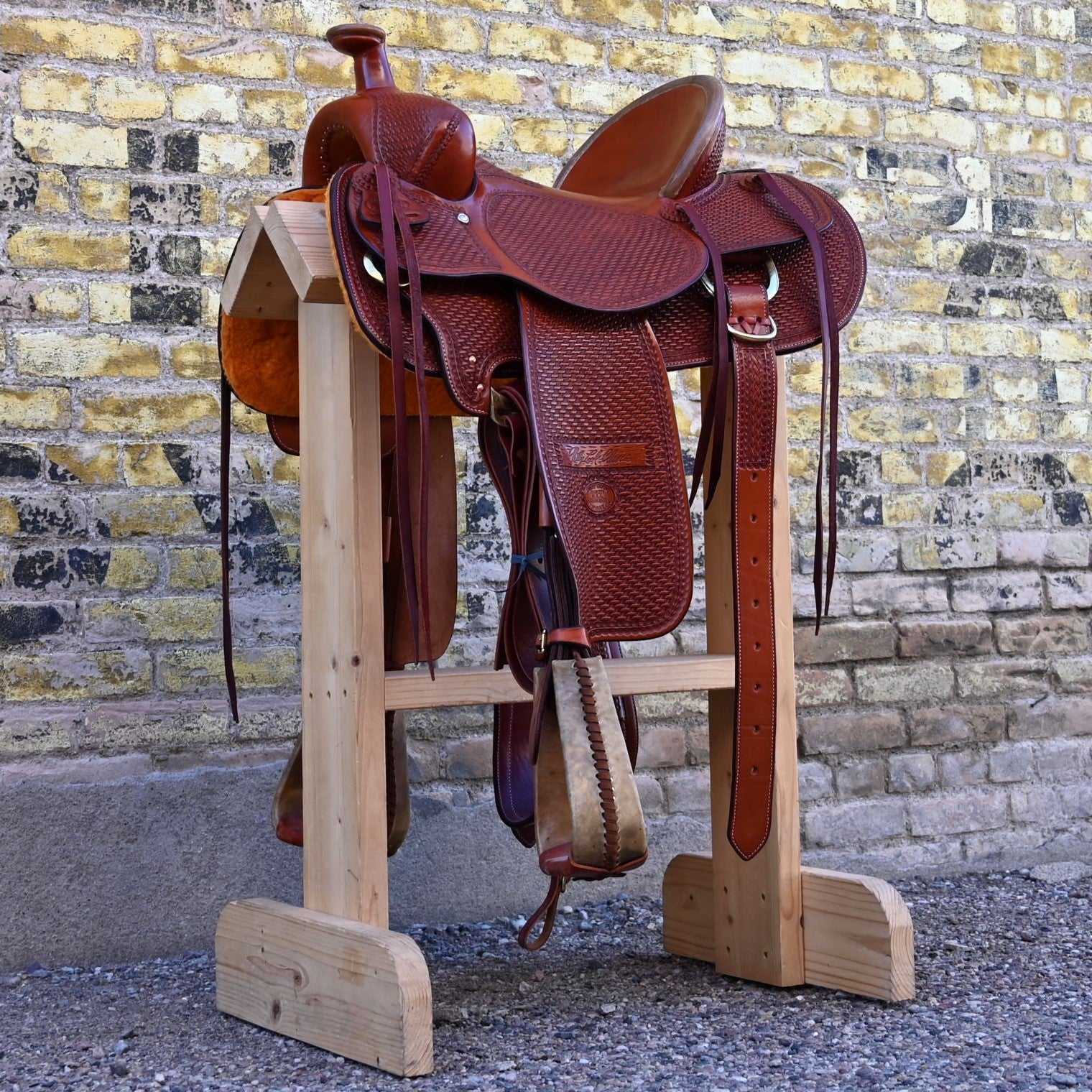 View of Billy Cook 15½" High Country Rancher Saddle in Chestnut with hand-stamped basket tooling