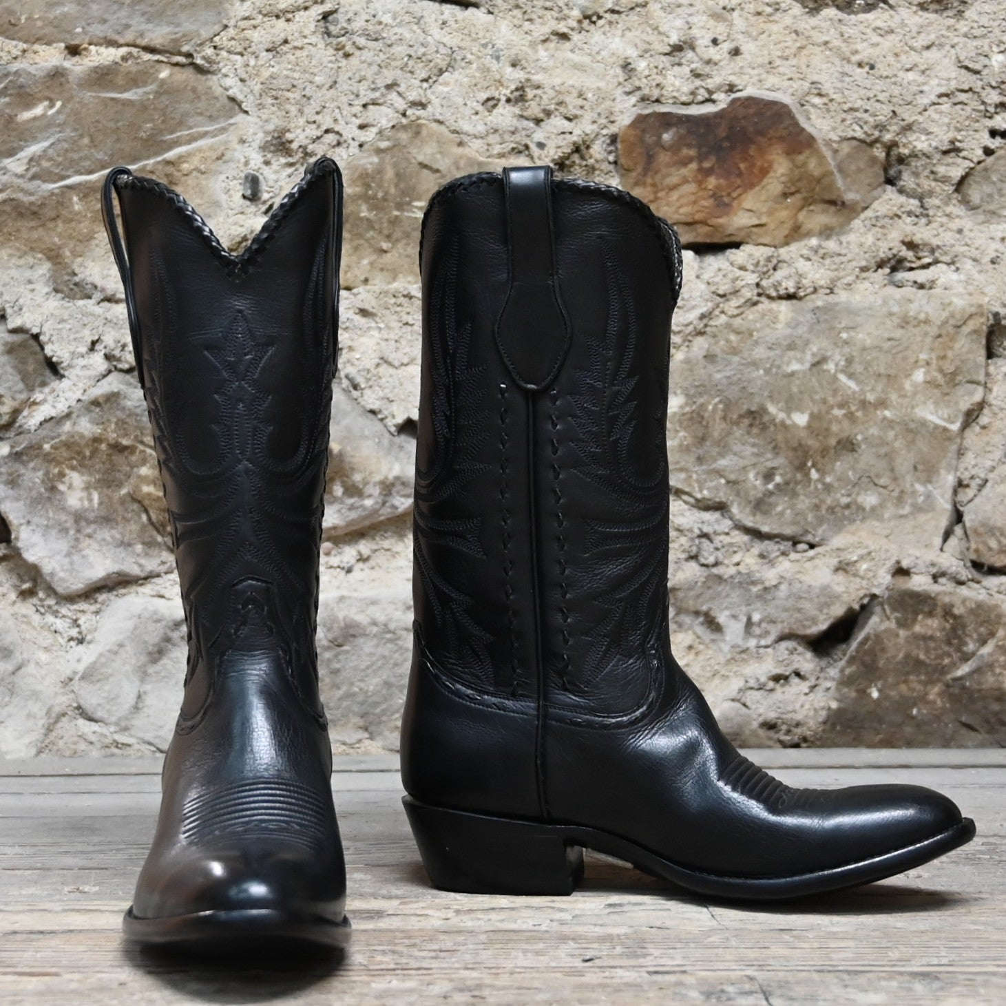 View of Stallion Men’s 13" Western boot with lacing, white buckstitching, and small round toe
