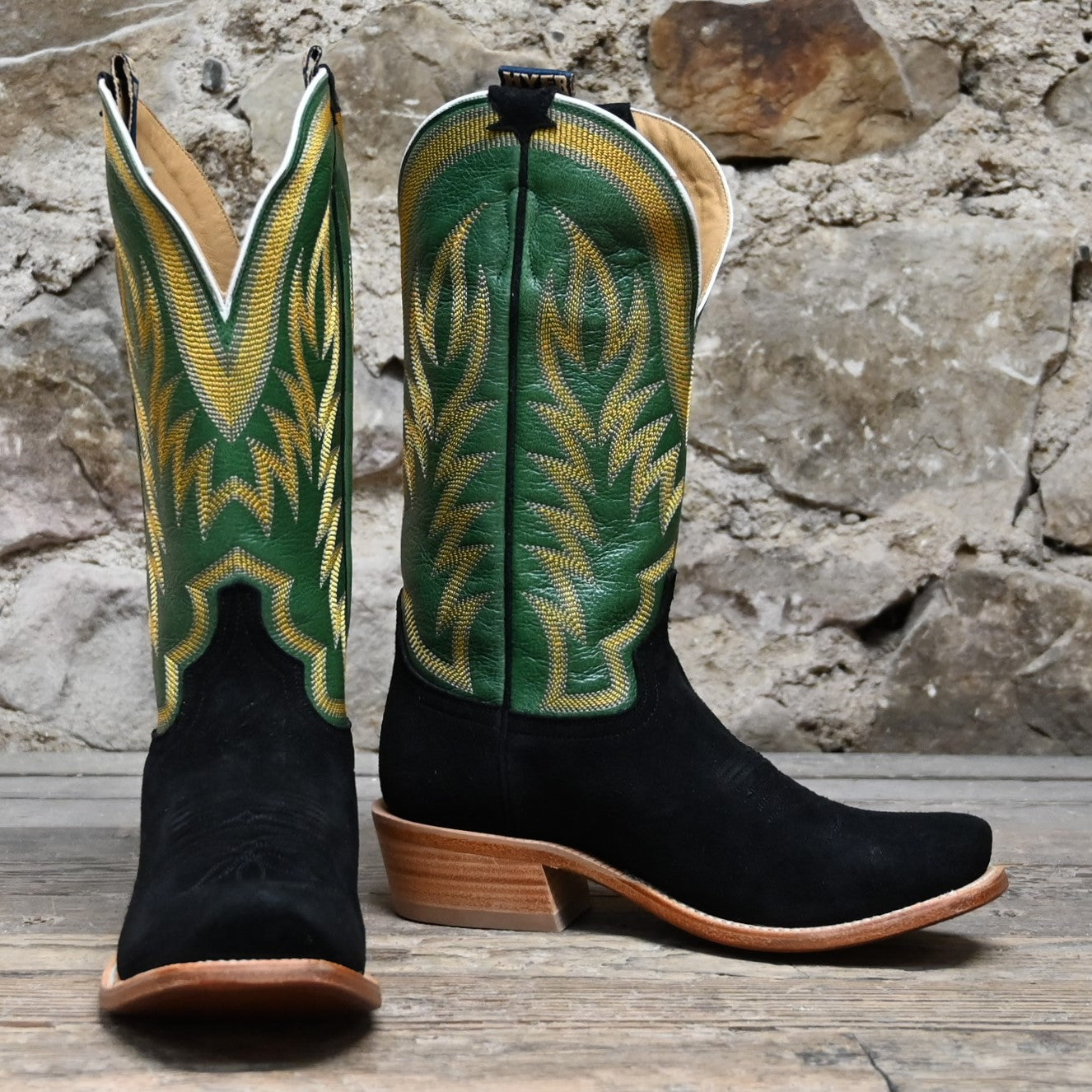 View of Hyer CULVER 13" boots showcasing black napped roughout leather vamp and grass vintage goat upper with Cutter toe and underslung heel