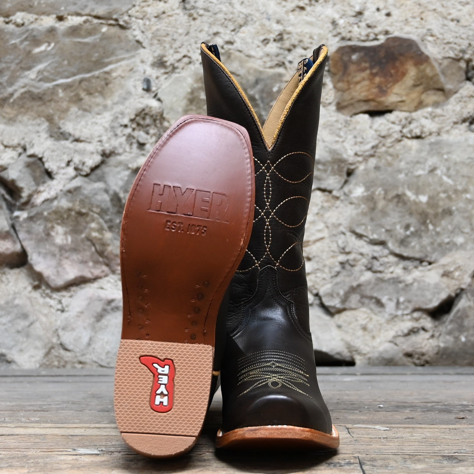 View of Hyer MAIZE 13" boots showcasing chocolate Chocolate Ranch Hand cowhide vamp and shaft with Cutter toe and leather stacked heel
