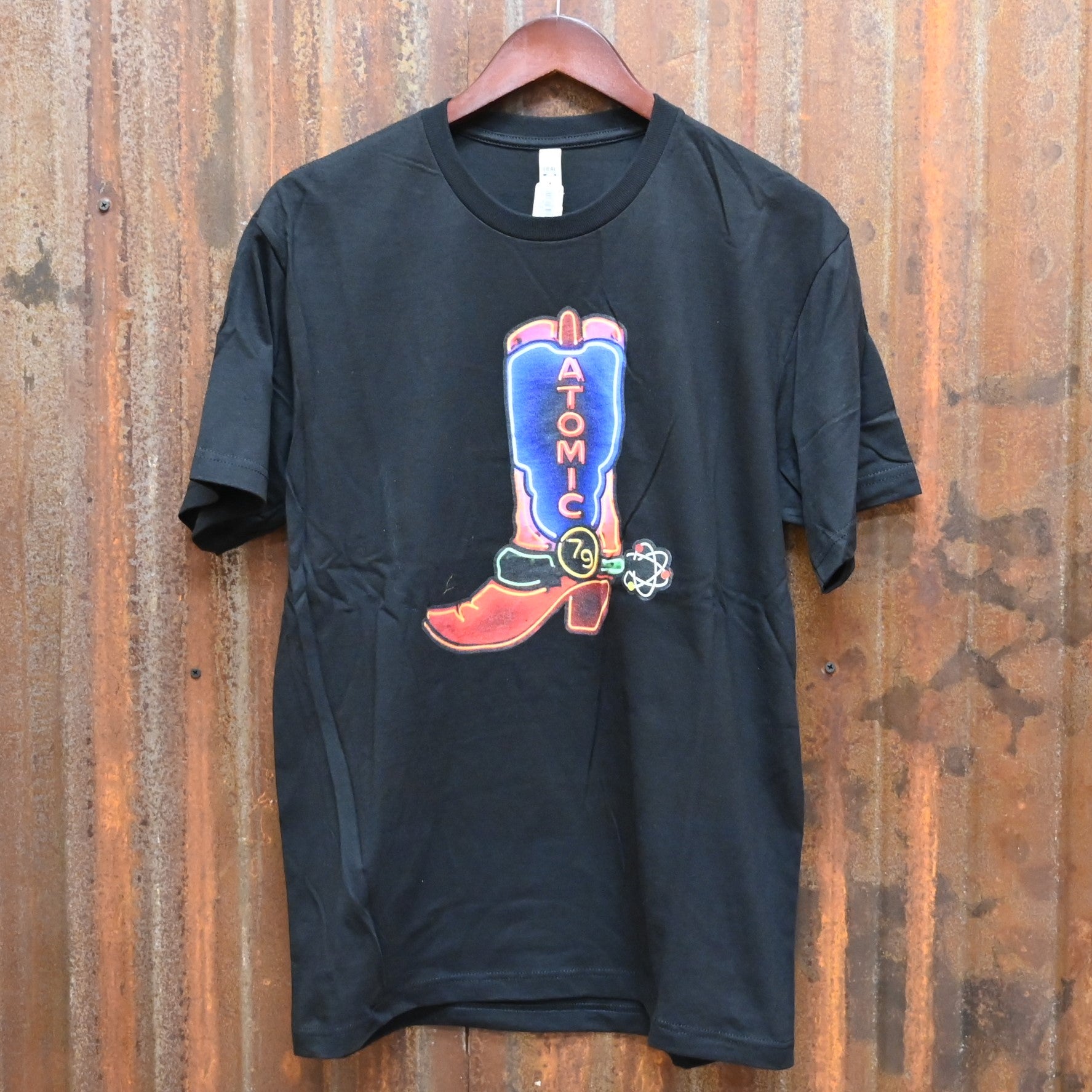 Neon Boot on Black - unisex view of tee