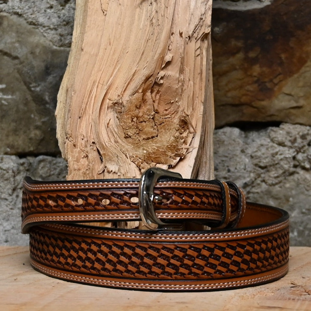 Leather Russet Basket Weave Belt with a Medium Taper view of belt