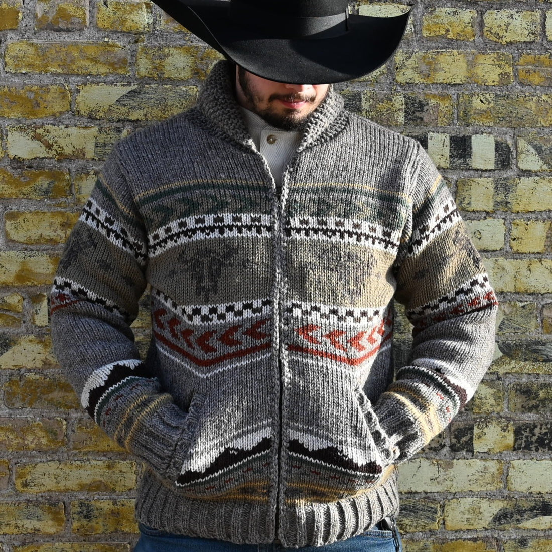 Yellowstone - Mens Wool Knit Sweater with Buffalo in Medium Natural view of front