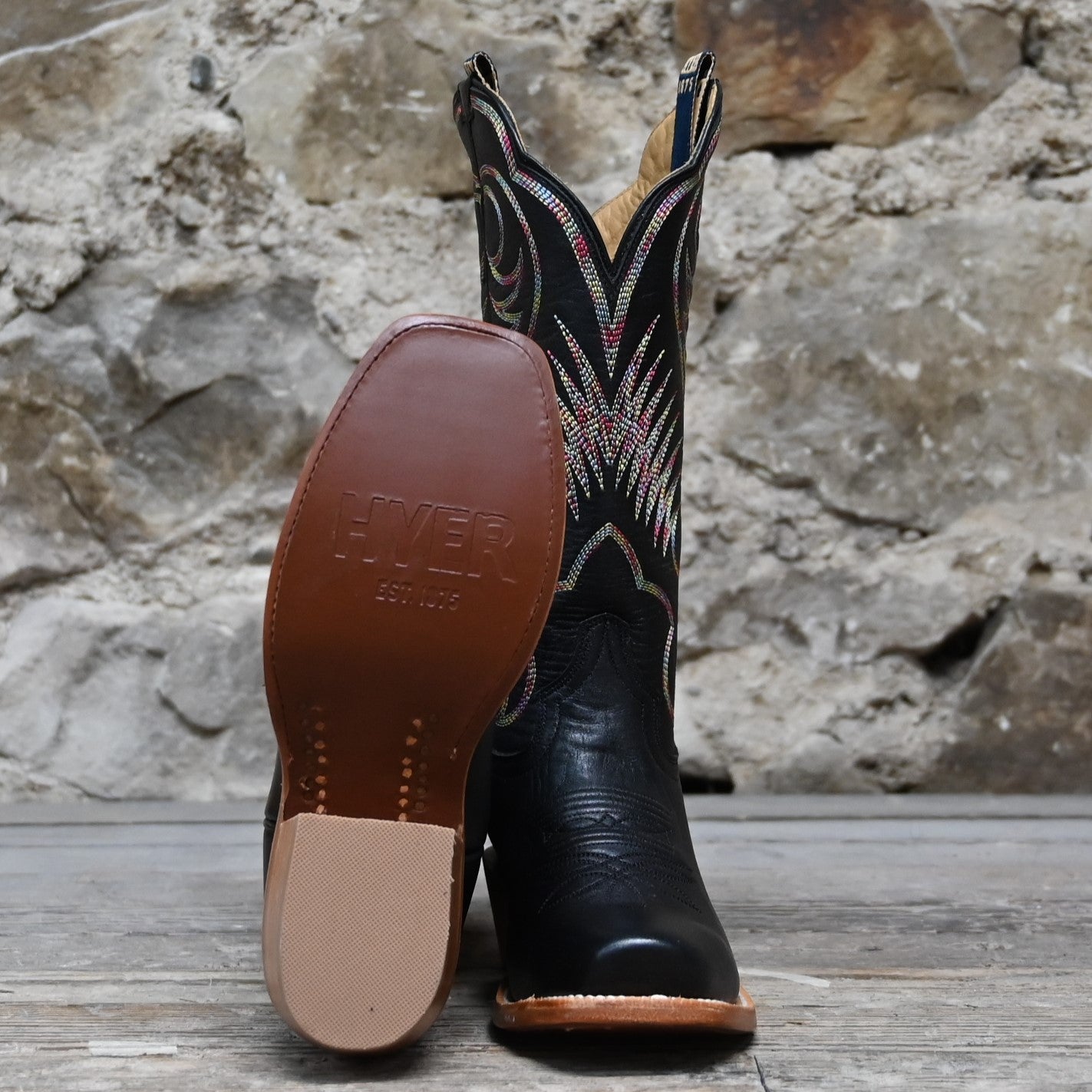 View of Hyer LEAWOOD 13" boots showcasing black top-shelf cowhide with black vamp, Cutter toe, and leather stacked heel