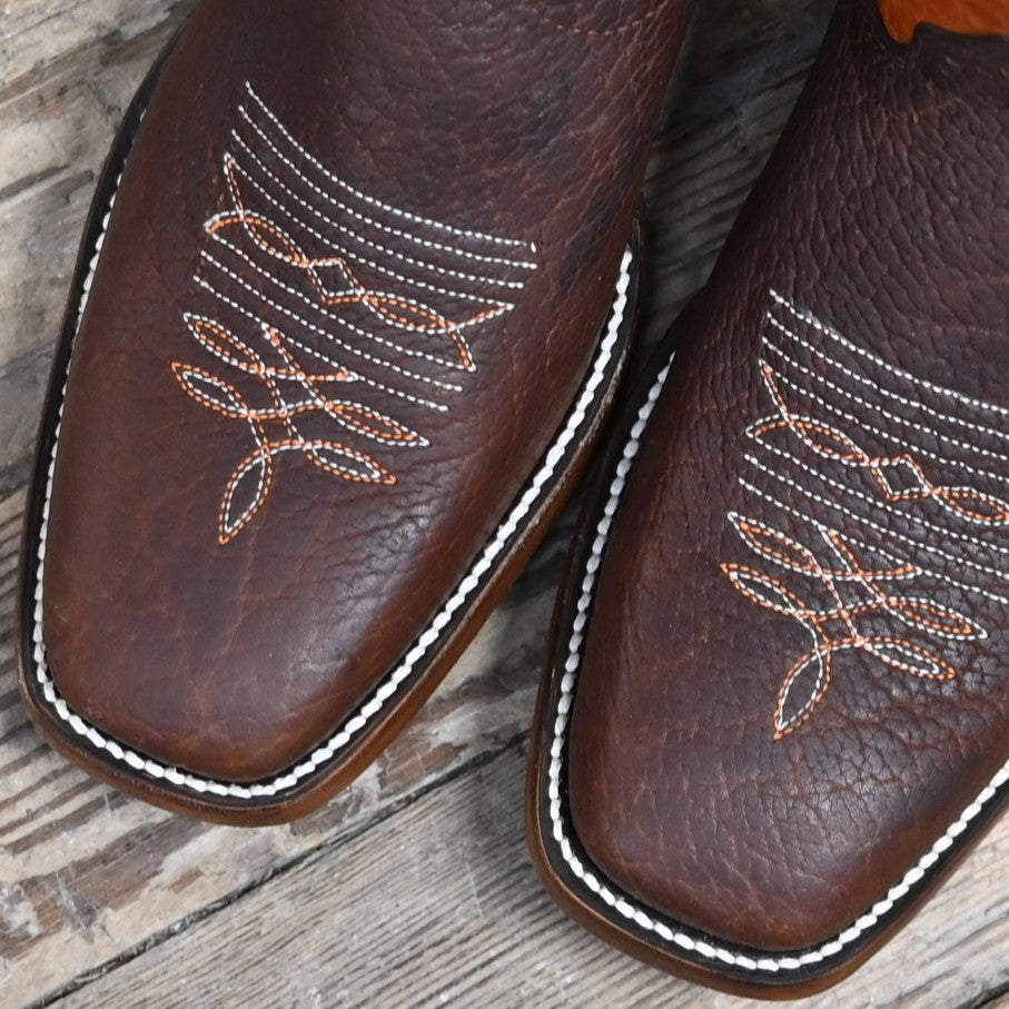 View of Hondo 12" bronc boot with mango volcano top, tobacco oiled bullhide vamp, and spur ledge
