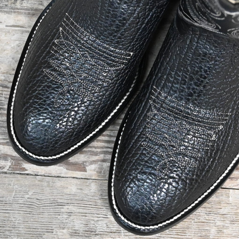 View of Hondo 13" all-black cowboy boot with bullhide vamp, medium round toe, and pull straps
