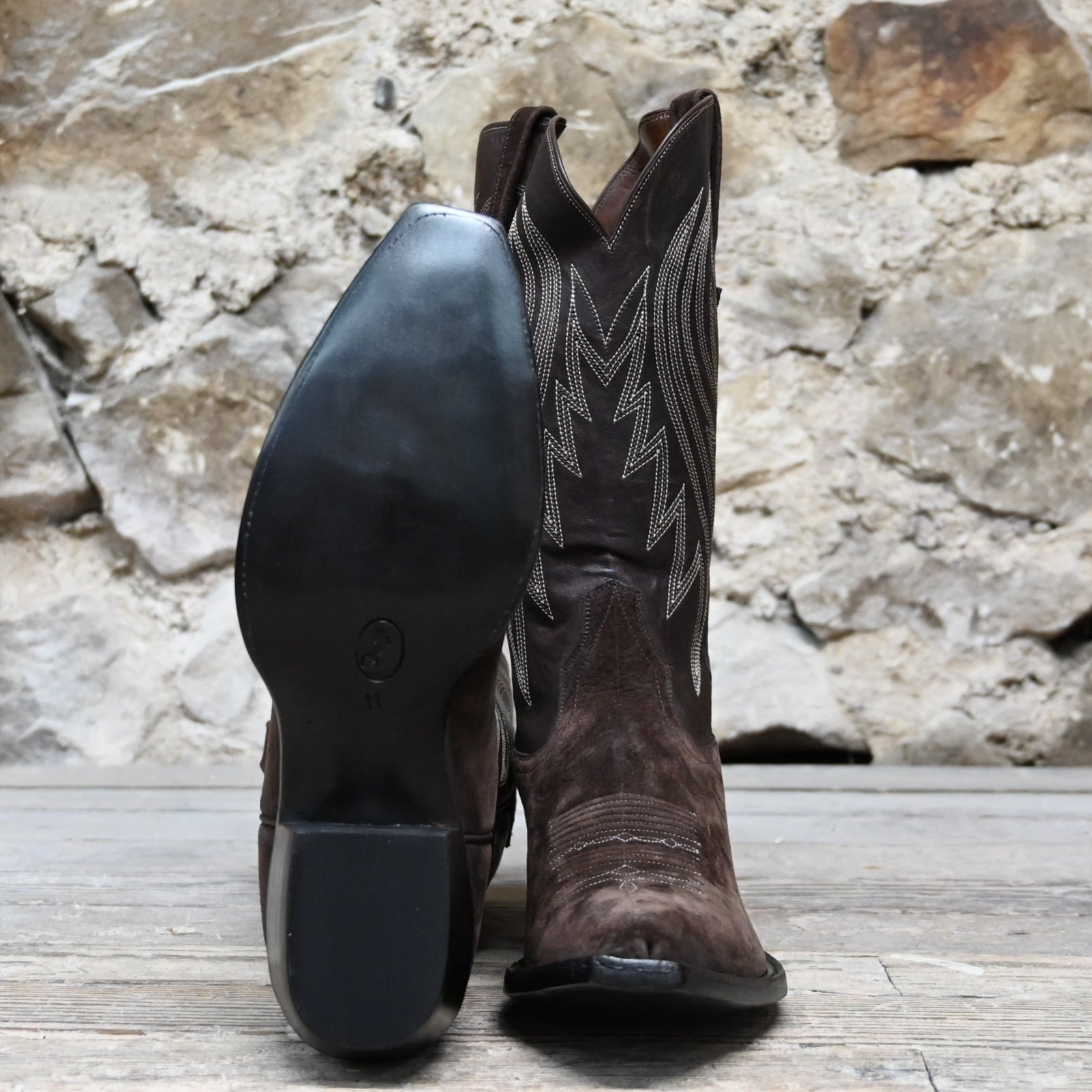 View of Stallion Men’s 13" chocolate boot with nubuck suede vamp, calf shaft, and light Western stitching