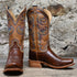 View of Hyer HAYS 13" boots showcasing brown Navaro American Bison vamp and Honey Mestizo cowhide top with Cutter toe and underslung heel