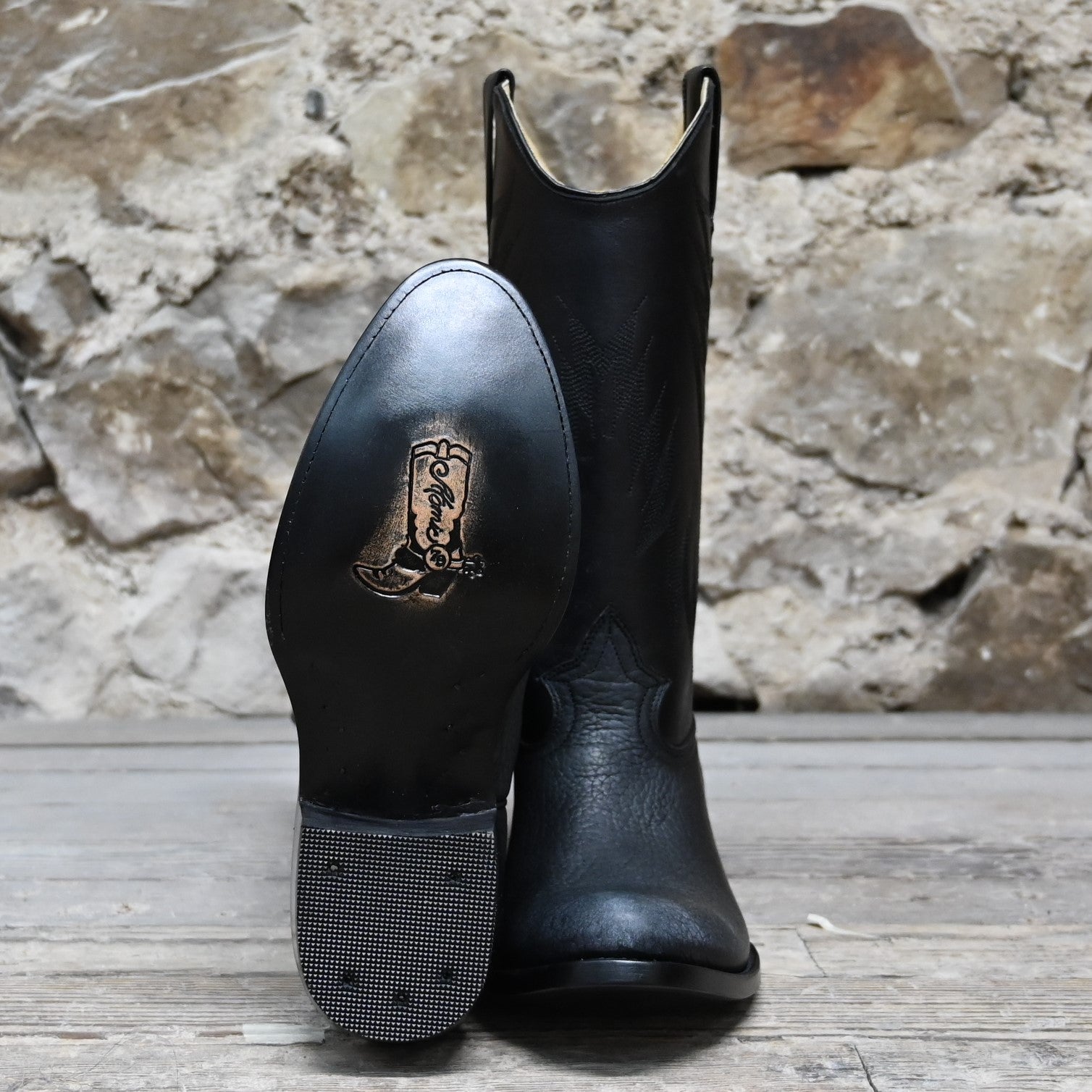 Nutted Calf Black Bison "The Man in Black" Town Boot on Custom "Duke" Last view of bottom