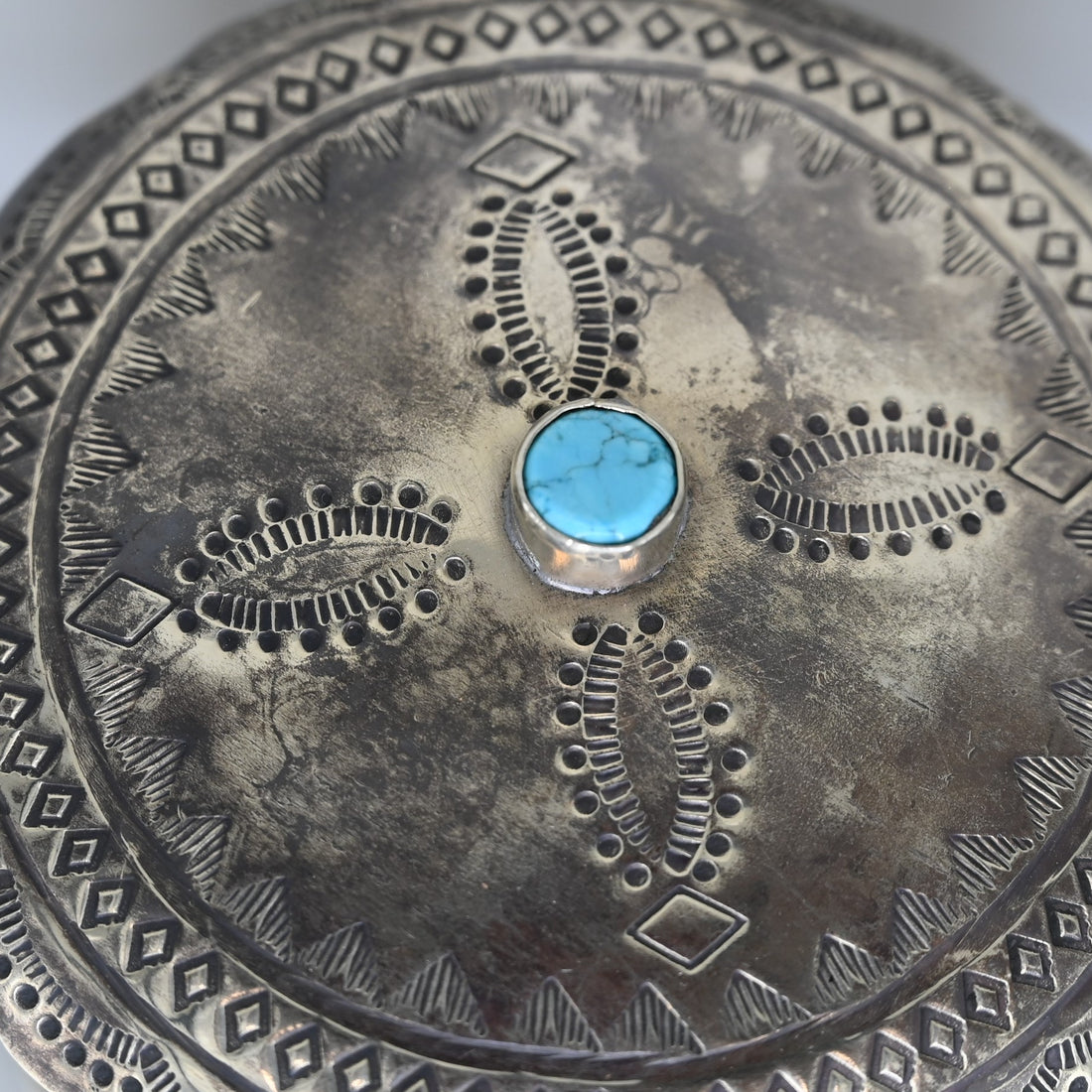 Stamped Round Box with Turquoise and Lid view of top and stone