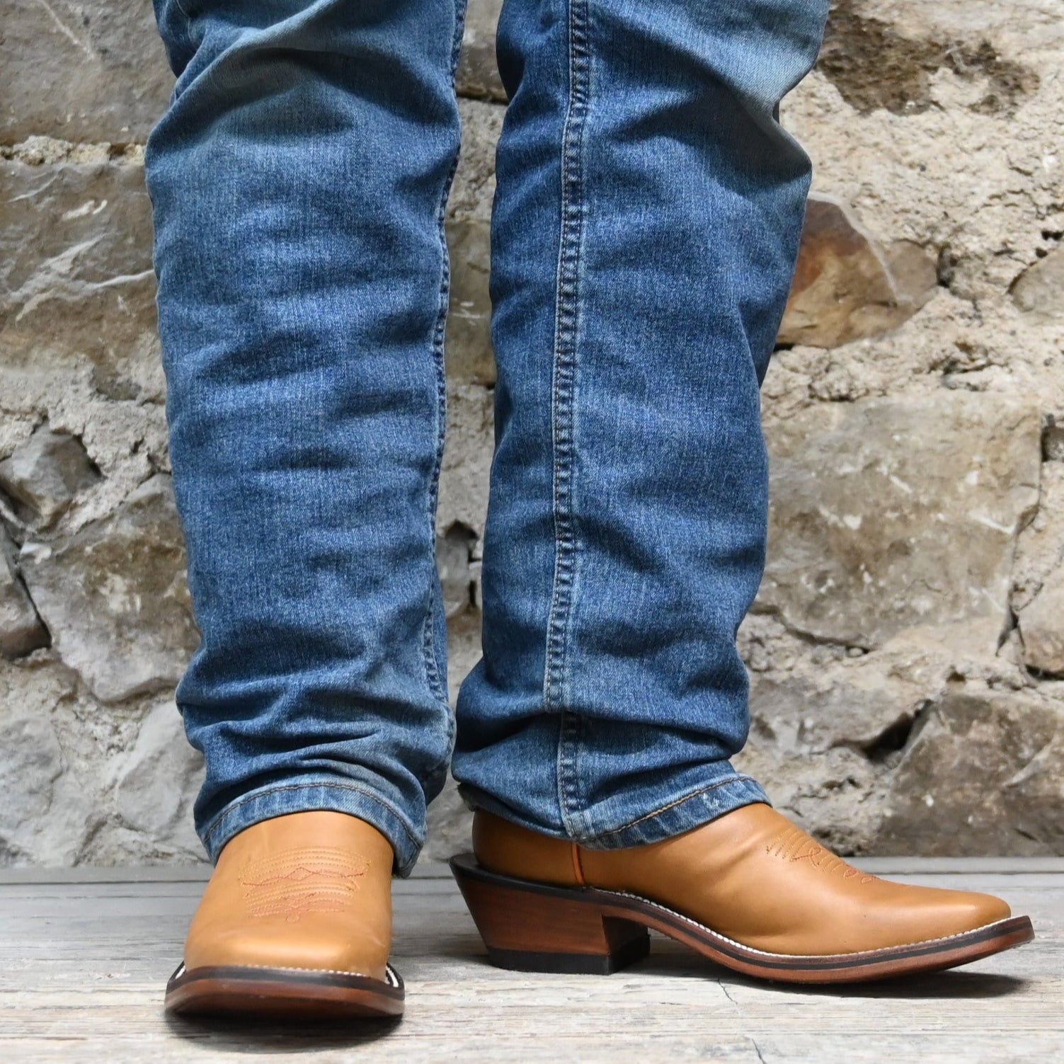 View of Hondo 16" cowboy boot with navy volcano top, honey crazy horse vamp, wide square toe, and pull holes