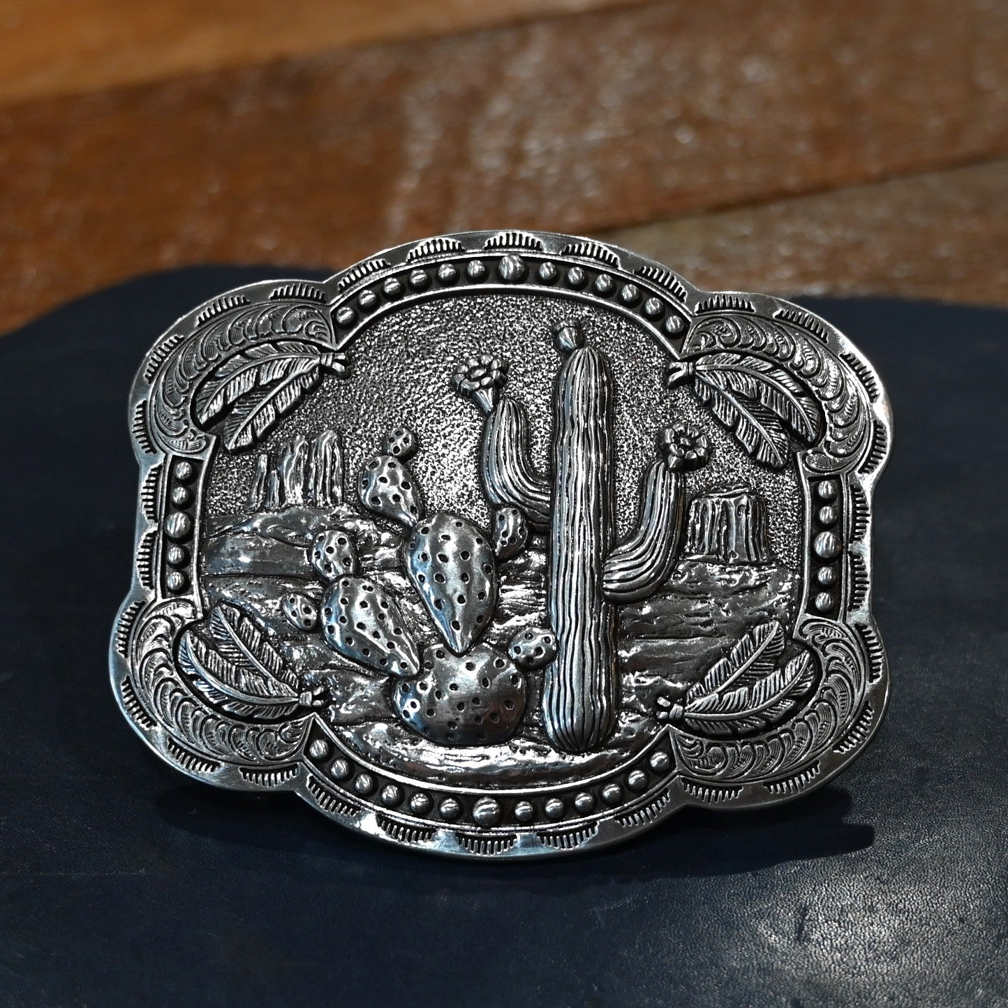 Blazin Roxx rectangle buckle with smooth edge, cactus centerpiece, and feather design