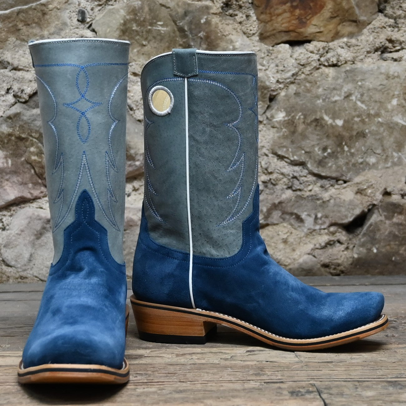 View of Horse Power 11" High Noon boot with turquoise suede vamp, grey top, cutter toe, and pull holes
