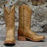 View of Hyer MAIZE 13" boots showcasing Sunrise Retan cowhide vamp and top with Cutter toe and leather stacked heel