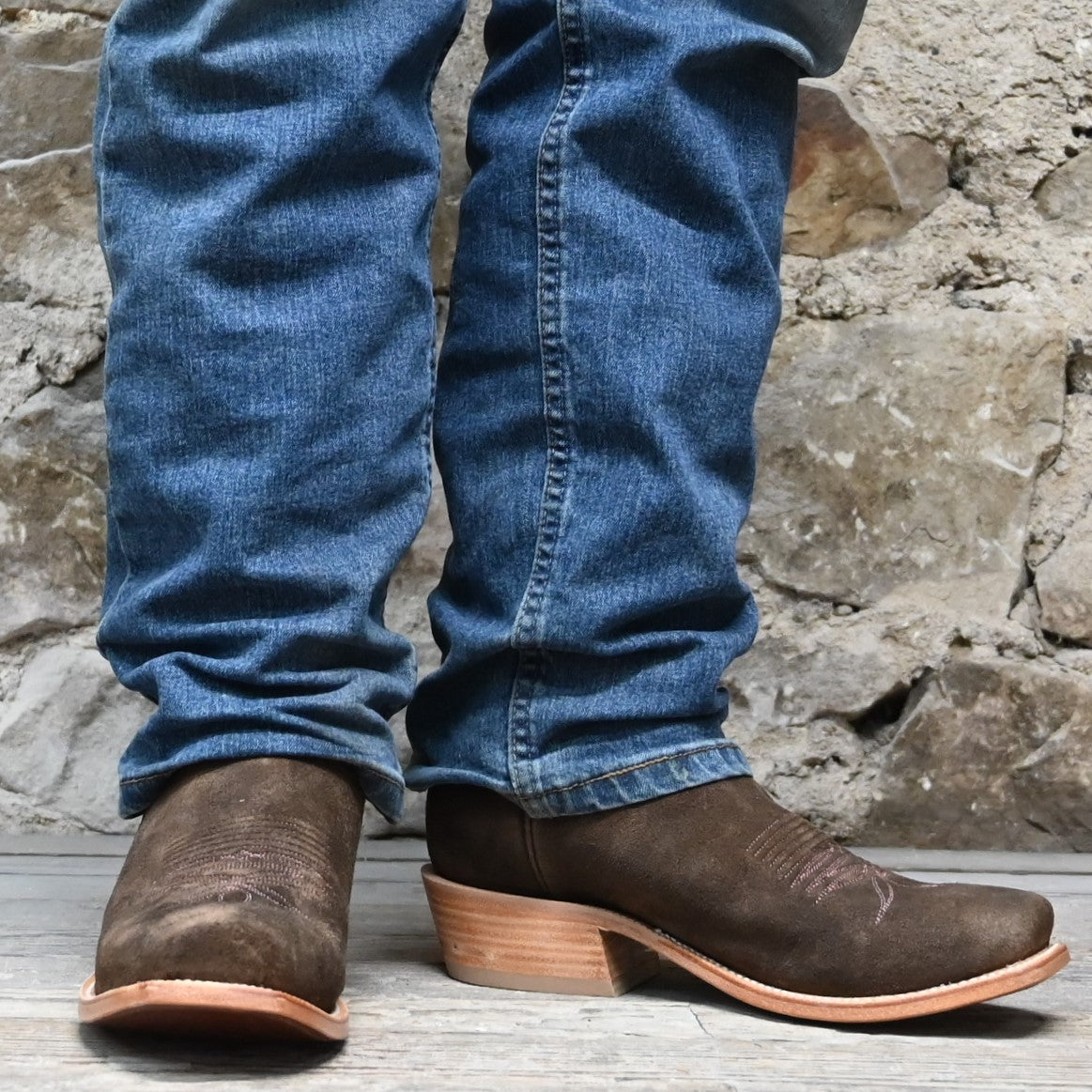 View of Hyer CULVER 13" boots showcasing chestnut napped roughout leather vamp and eggplant vintage goat upper with Cutter toe and underslung heel